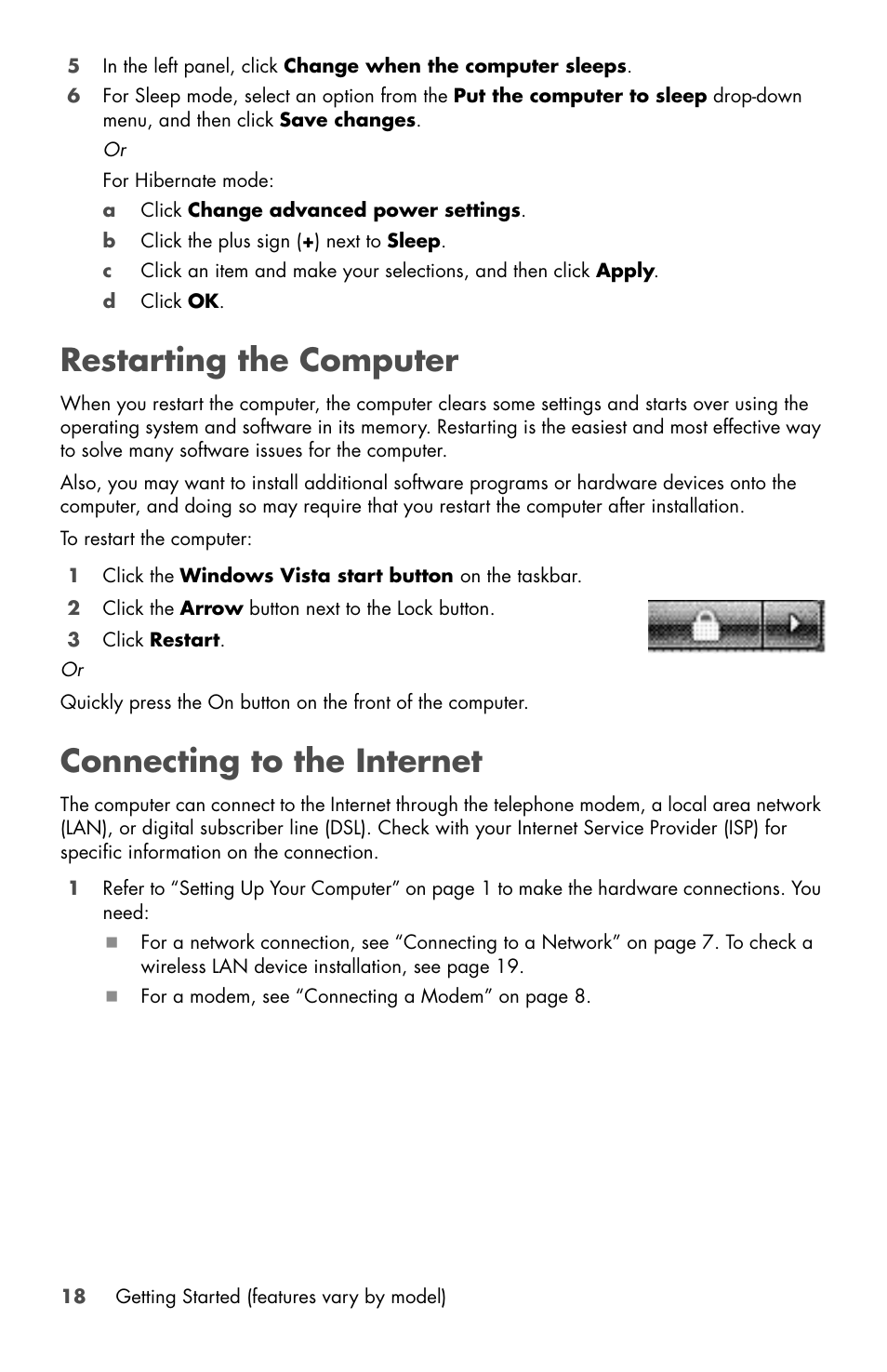 Restarting the computer, Connecting to the internet, Restarting the computer connecting to the internet | HP Desktop Computer User Manual | Page 22 / 76