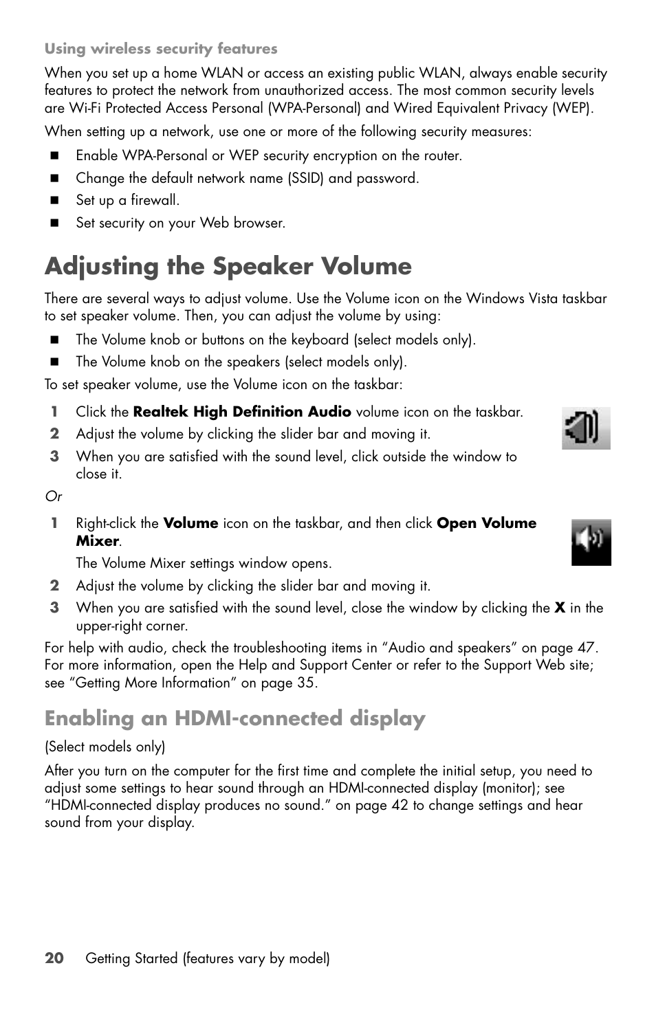 Adjusting the speaker volume, Enabling an hdmi-connected display | HP Desktop Computer User Manual | Page 24 / 76