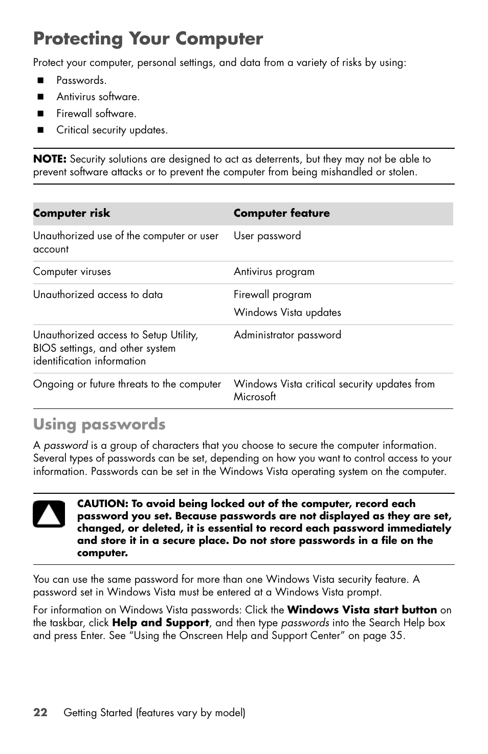 Protecting your computer, Using passwords | HP Desktop Computer User Manual | Page 26 / 76