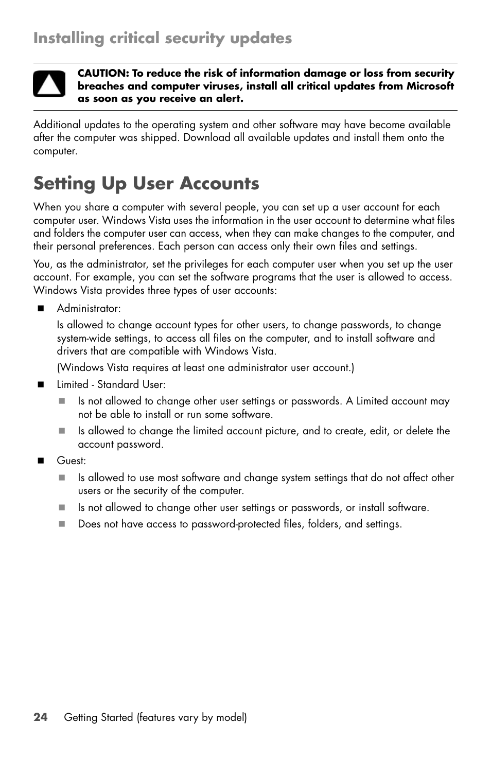Setting up user accounts, Installing critical security updates | HP Desktop Computer User Manual | Page 28 / 76