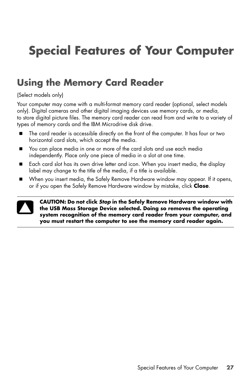 Special features of your computer, Using the memory card reader | HP Desktop Computer User Manual | Page 31 / 76