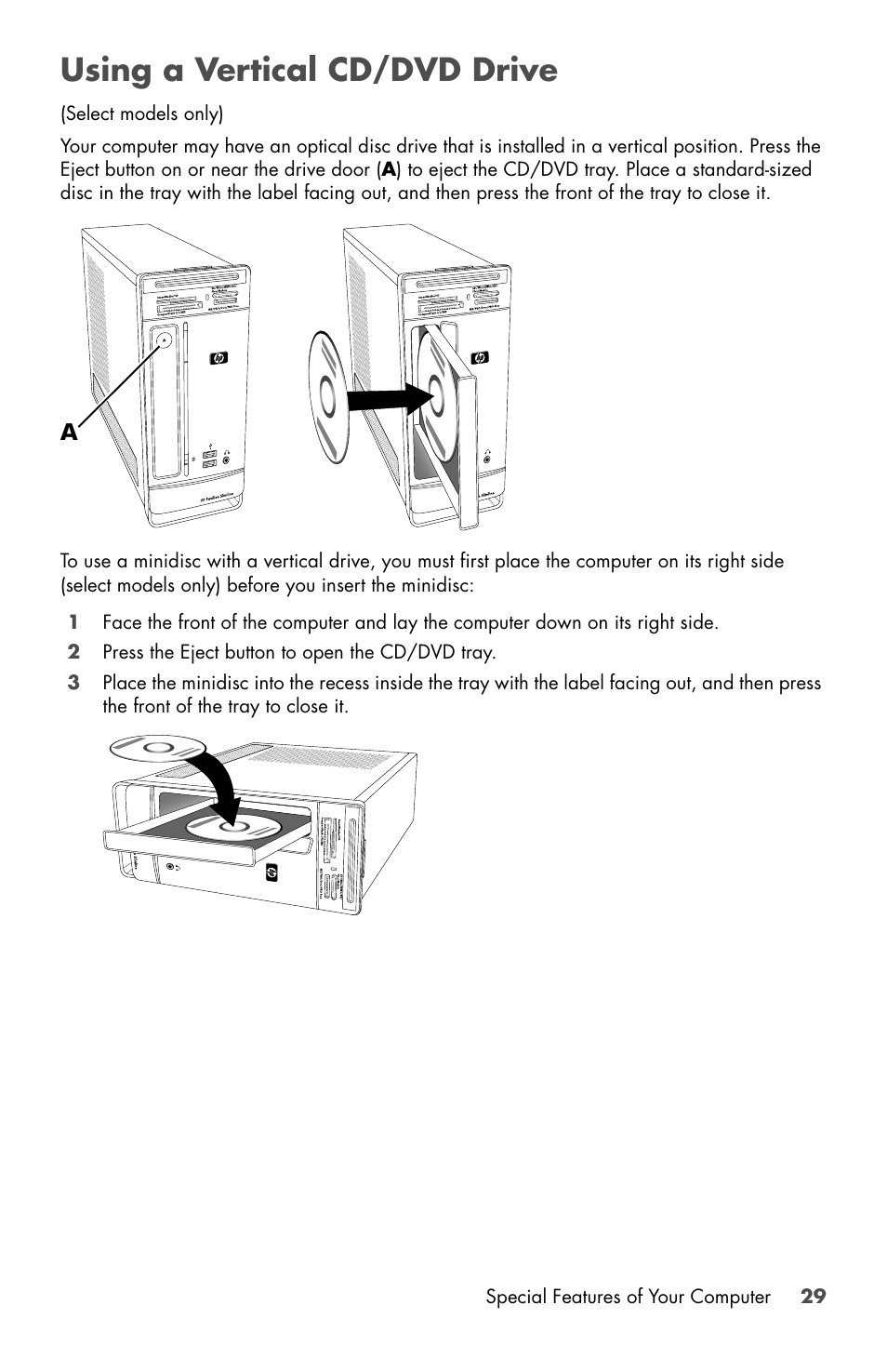 Using a vertical cd/dvd drive | HP Desktop Computer User Manual | Page 33 / 76