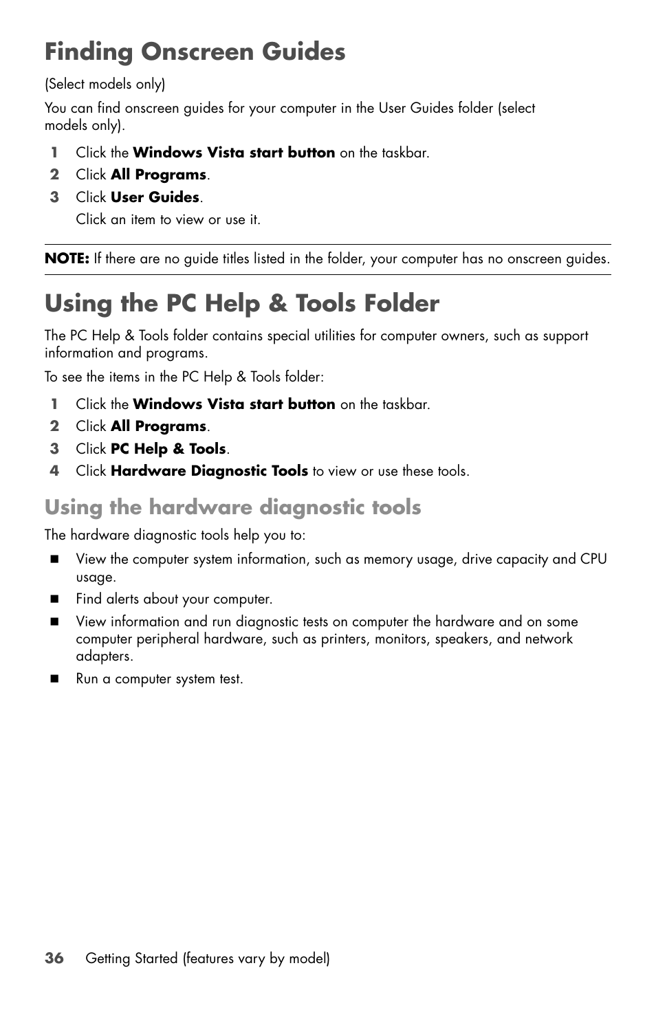 Finding onscreen guides, Using the pc help & tools folder, Using the hardware diagnostic tools | HP Desktop Computer User Manual | Page 40 / 76