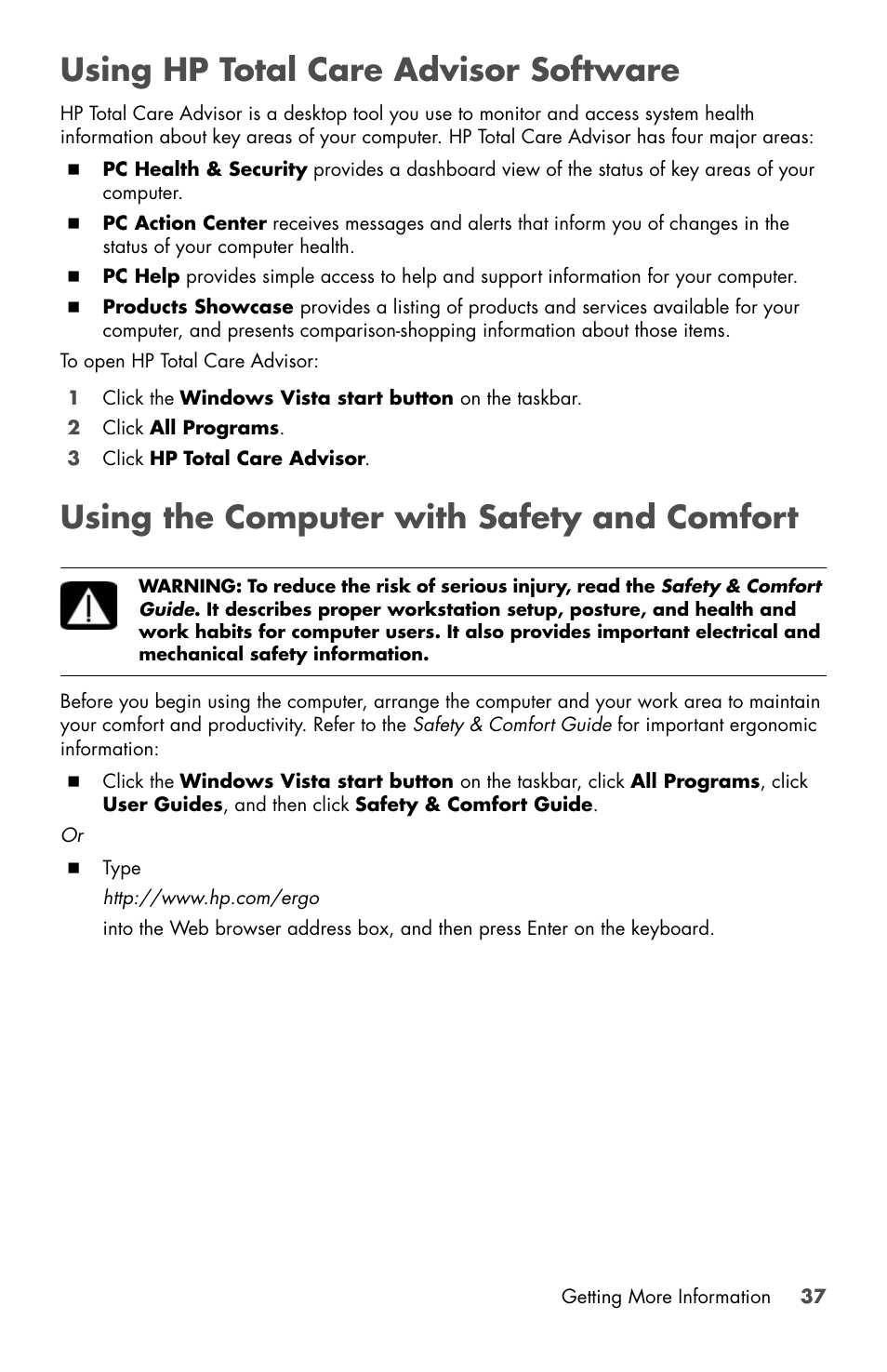 Using hp total care advisor software, Using the computer with safety and comfort | HP Desktop Computer User Manual | Page 41 / 76