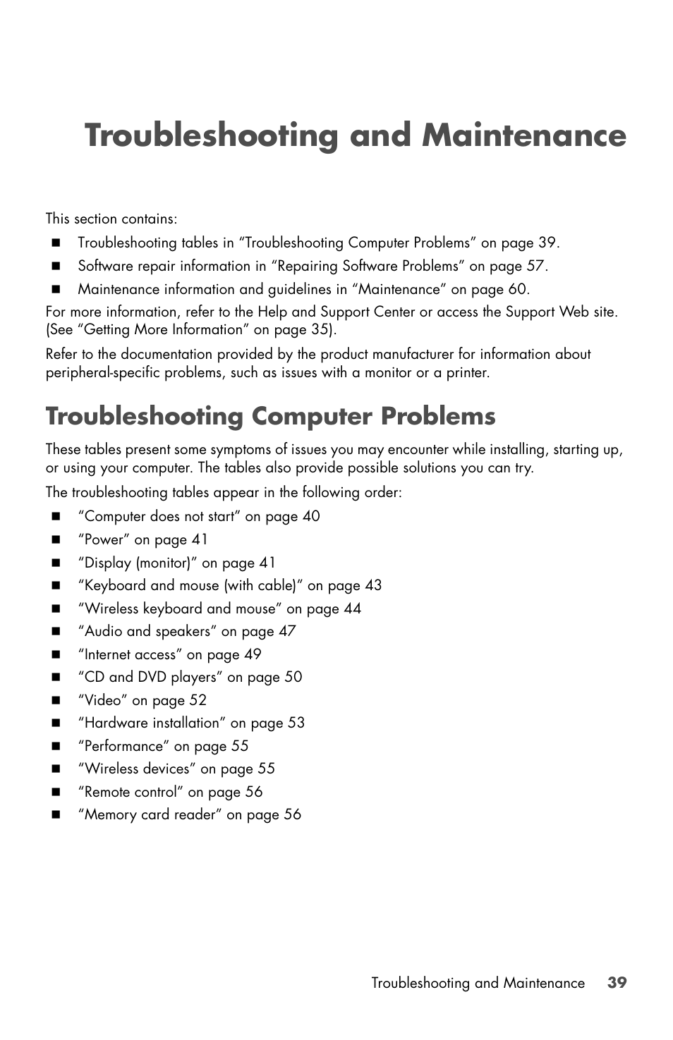 Troubleshooting and maintenance, Troubleshooting computer problems | HP Desktop Computer User Manual | Page 43 / 76