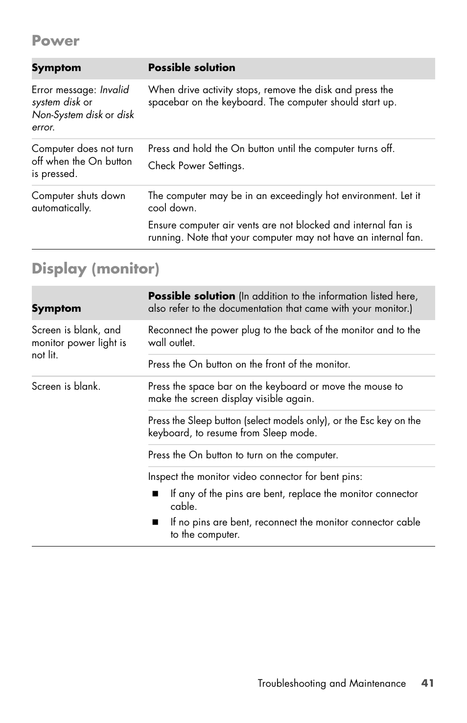 Power, Display (monitor) | HP Desktop Computer User Manual | Page 45 / 76