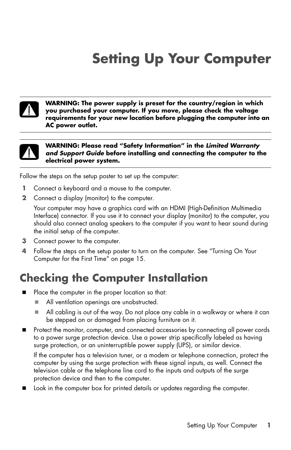 Setting up your computer, Checking the computer installation, Our computer checking the computer installation | HP Desktop Computer User Manual | Page 5 / 76