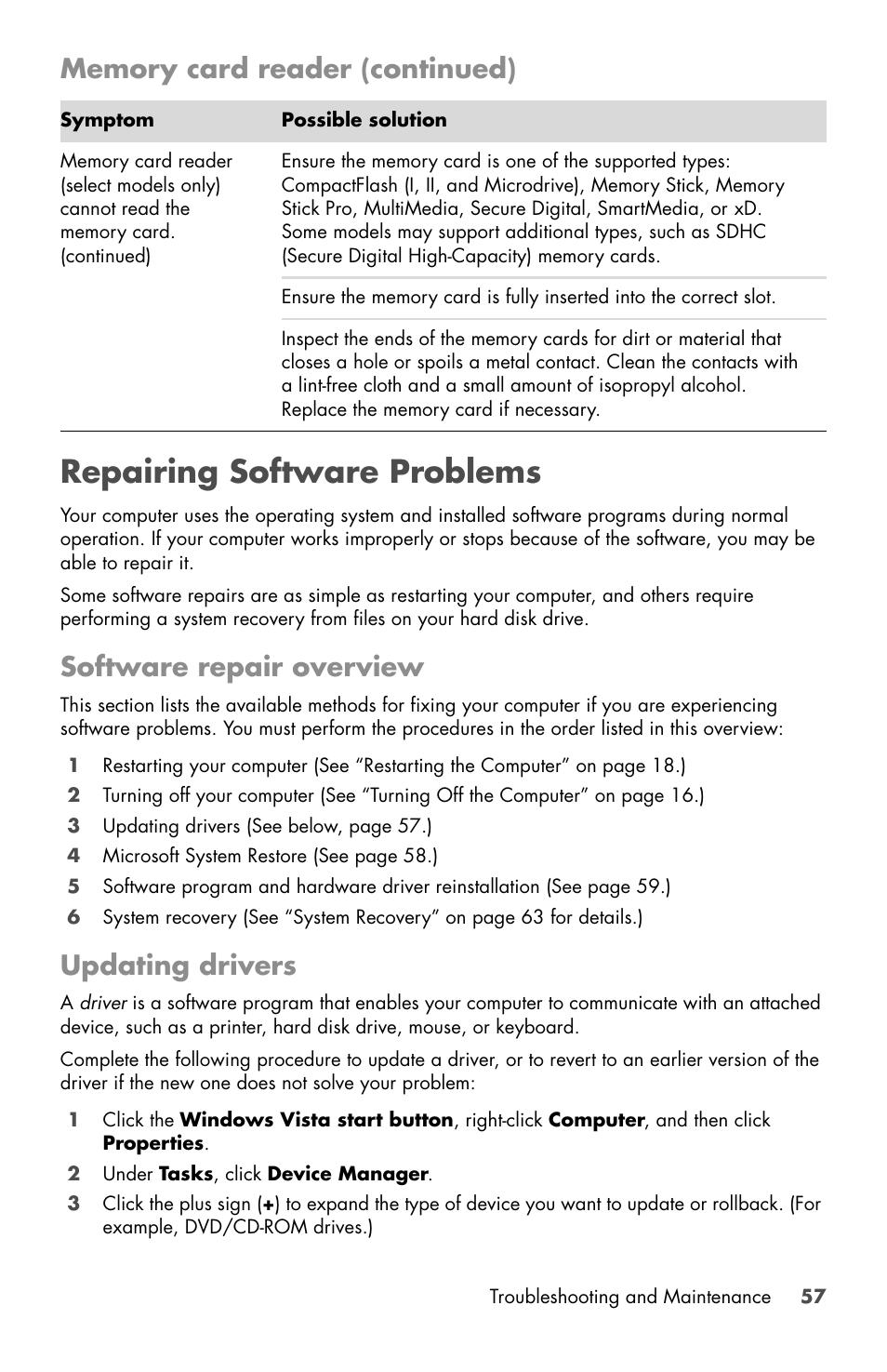 Repairing software problems, Software repair overview, Updating drivers | HP Desktop Computer User Manual | Page 61 / 76