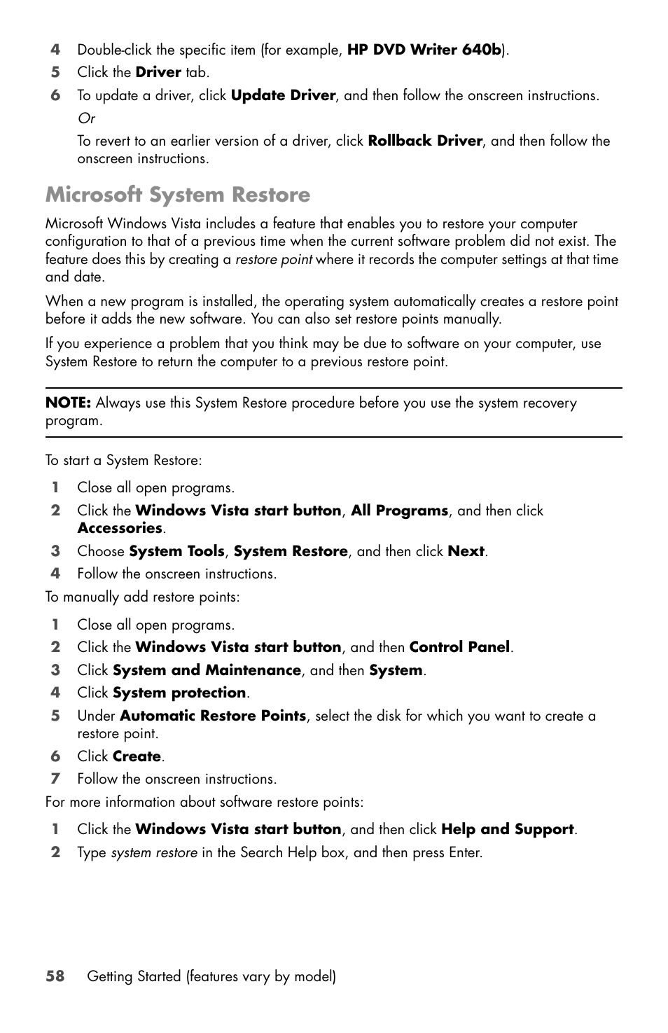 Microsoft system restore | HP Desktop Computer User Manual | Page 62 / 76