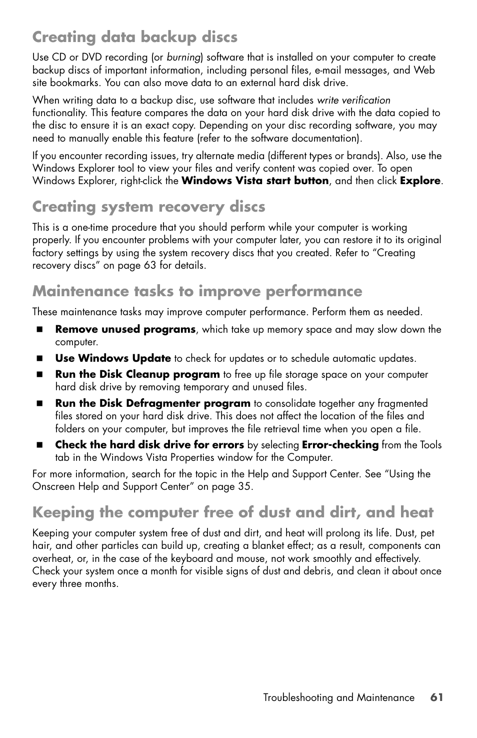 Creating data backup discs, Creating system recovery discs, Maintenance tasks to improve performance | HP Desktop Computer User Manual | Page 65 / 76