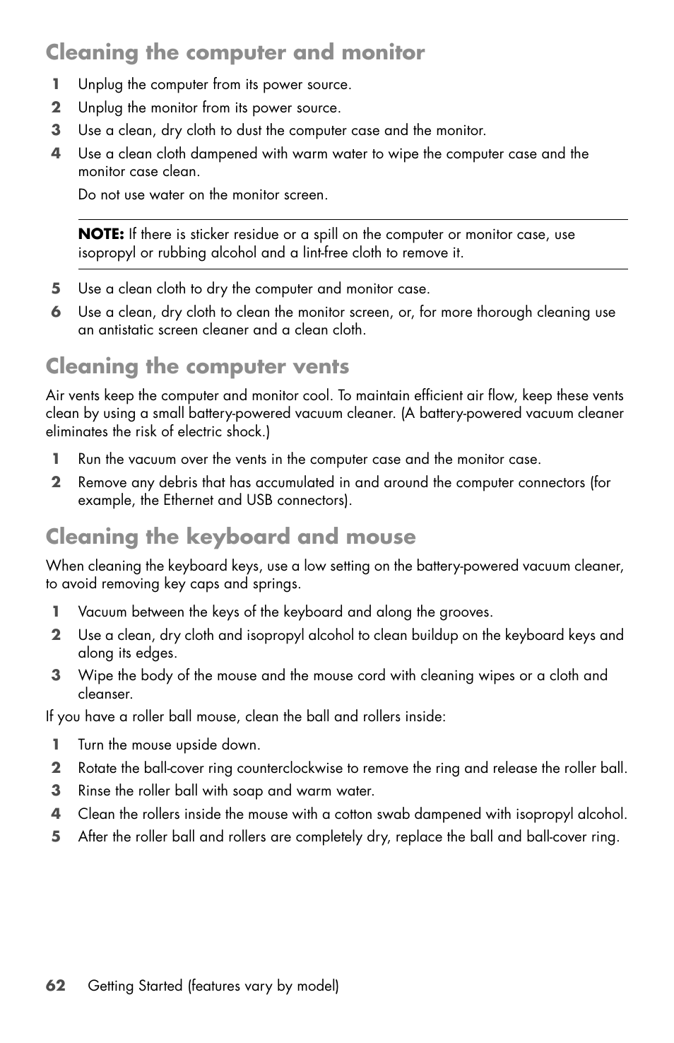 Cleaning the computer and monitor, Cleaning the computer vents, Cleaning the keyboard and mouse | HP Desktop Computer User Manual | Page 66 / 76