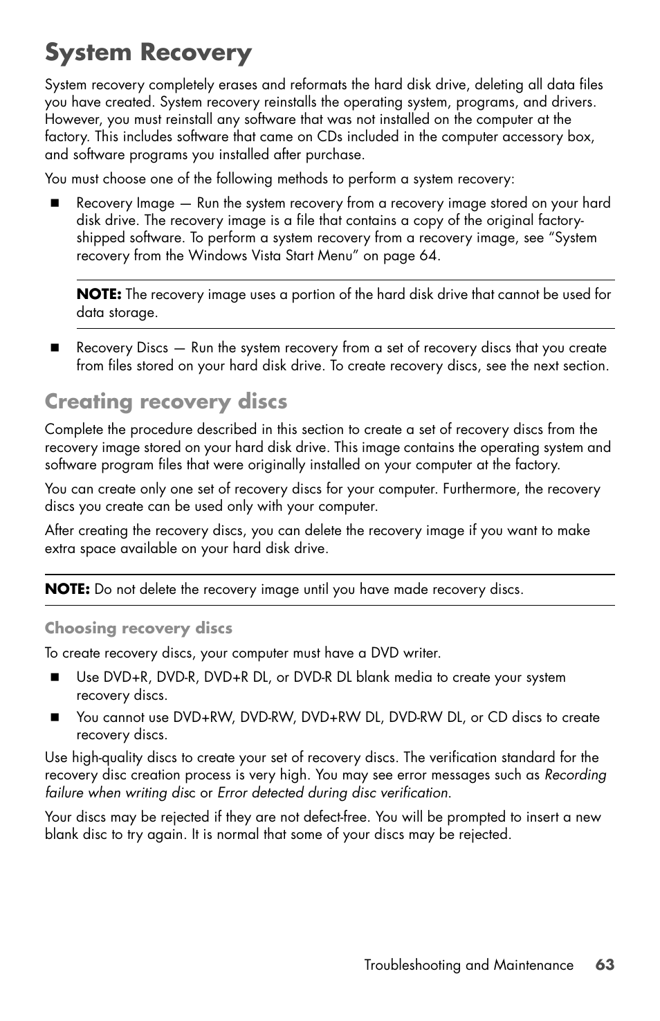 System recovery, Creating recovery discs | HP Desktop Computer User Manual | Page 67 / 76