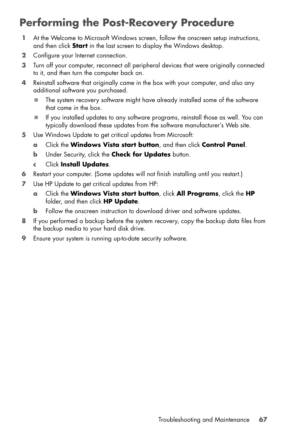 Performing the post-recovery procedure | HP Desktop Computer User Manual | Page 71 / 76