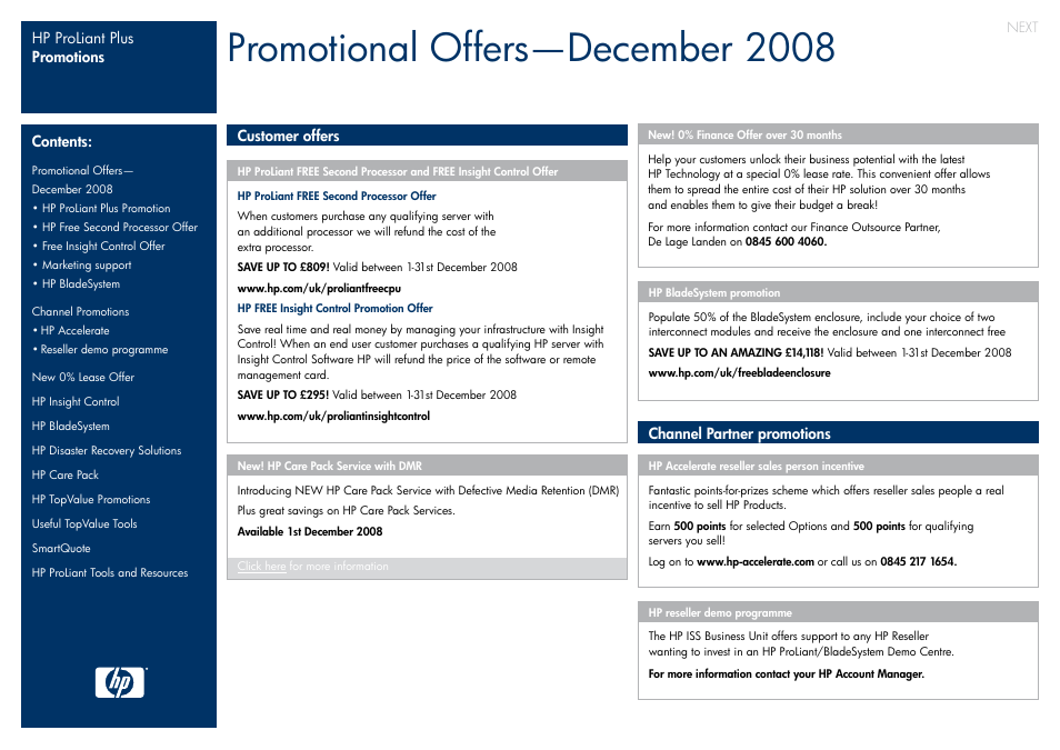 Marketing support, Hp bladesystem, Channel promotions | Hp accelerate • reseller demo programme, Promotional offers—december 2008 | HP ProLiant Plus User Manual | Page 2 / 11