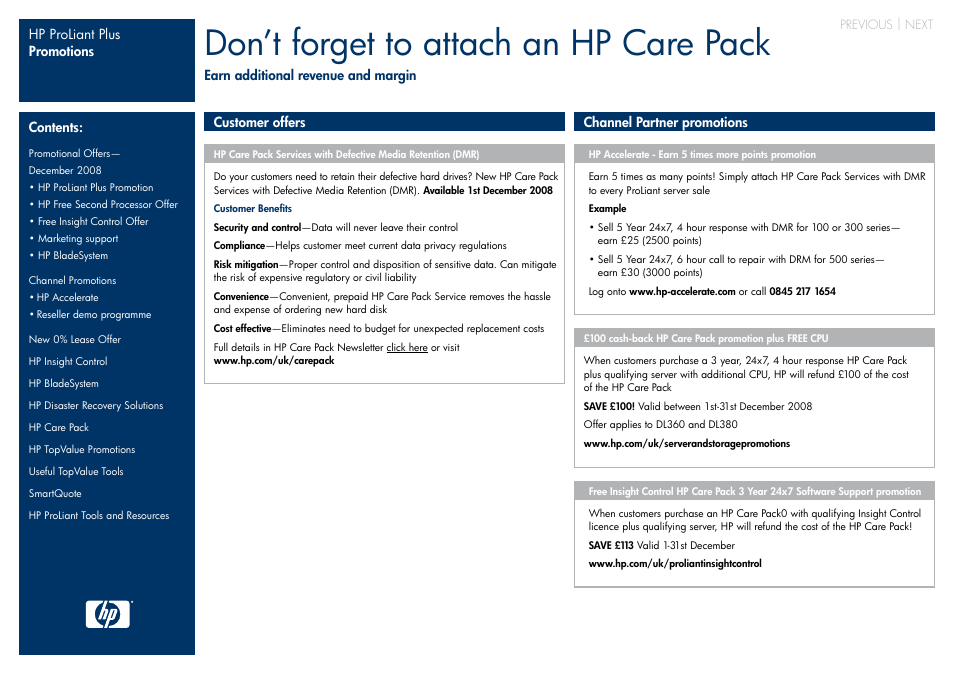 Hp care pack, Click here f, Next | Don’t forget to attach an hp care pack | HP ProLiant Plus User Manual | Page 7 / 11