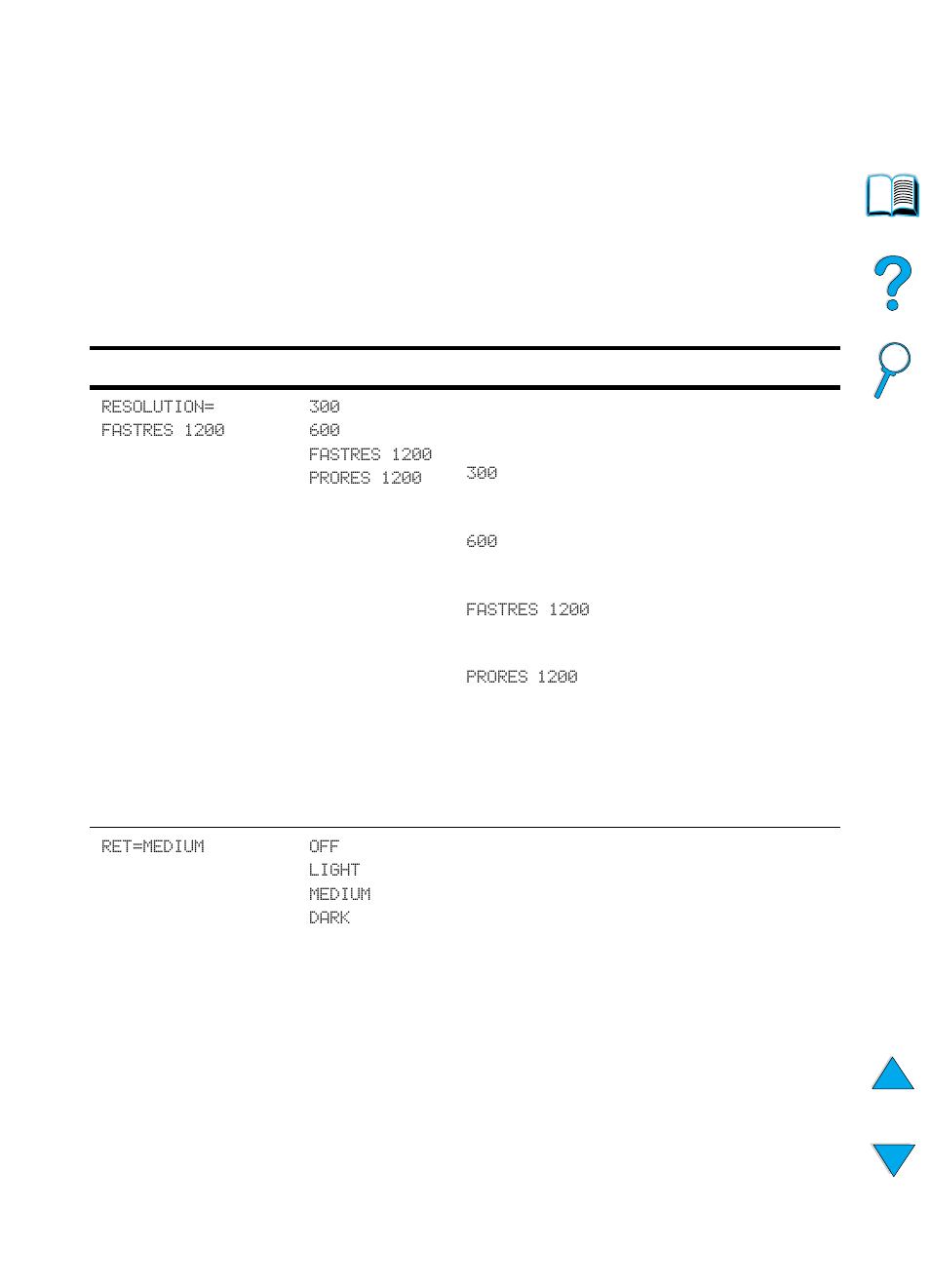 Print quality menu, In “print, Print | Resolution, Fastres 1200, Ret=medium | HP 4100TN User Manual | Page 219 / 278