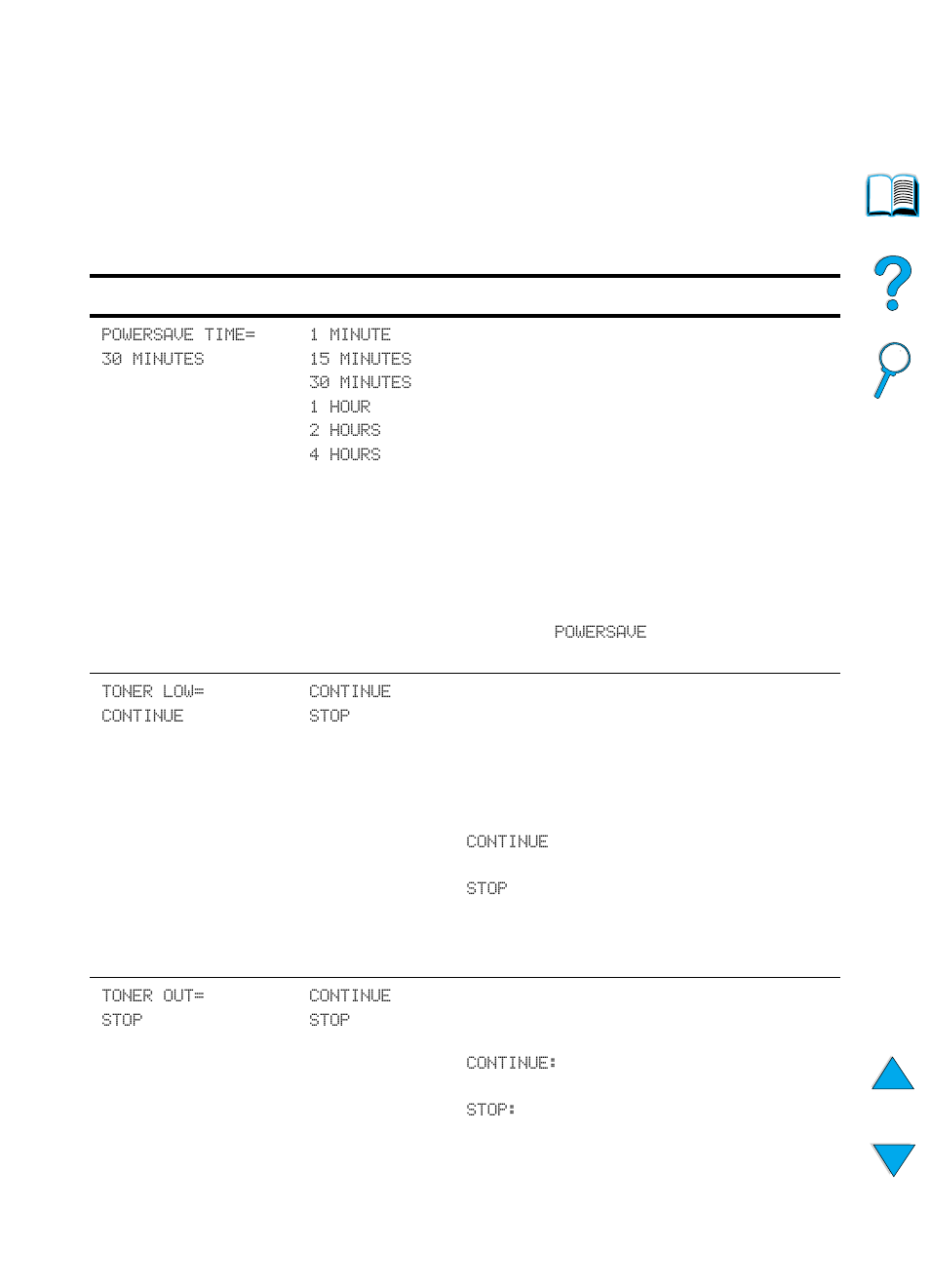 Configuration menu, Toner low= continue, Toner out= stop | See “configuration menu” on | HP 4100TN User Manual | Page 221 / 278