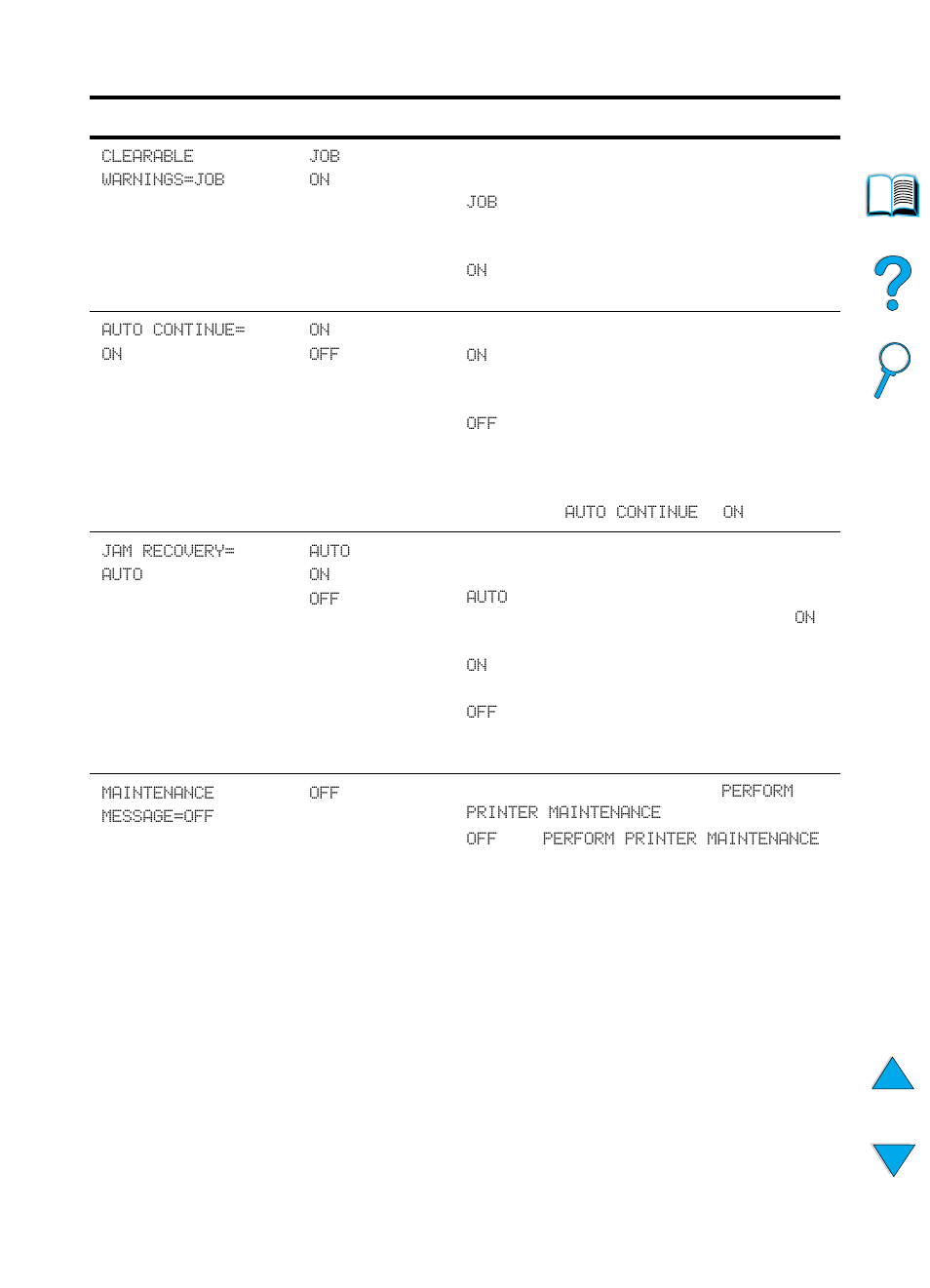 Ption of, Clearable warnings=job, Off (see | Auto continue= on, Auto continue | HP 4100TN User Manual | Page 222 / 278