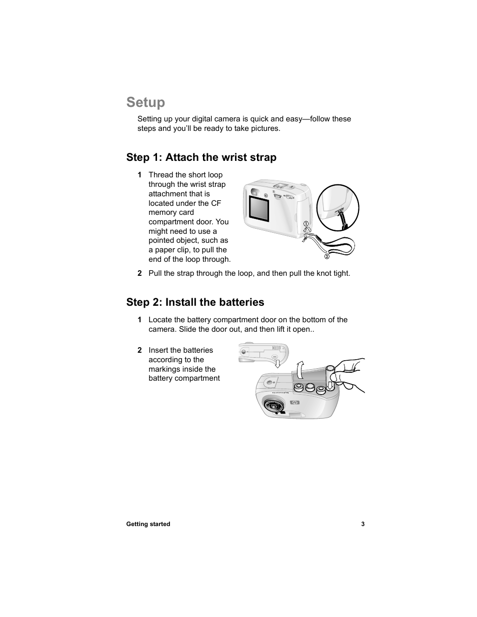 Setup, Step 1: attach the wrist strap, Step 2: install the batteries | HP 612 User Manual | Page 11 / 84