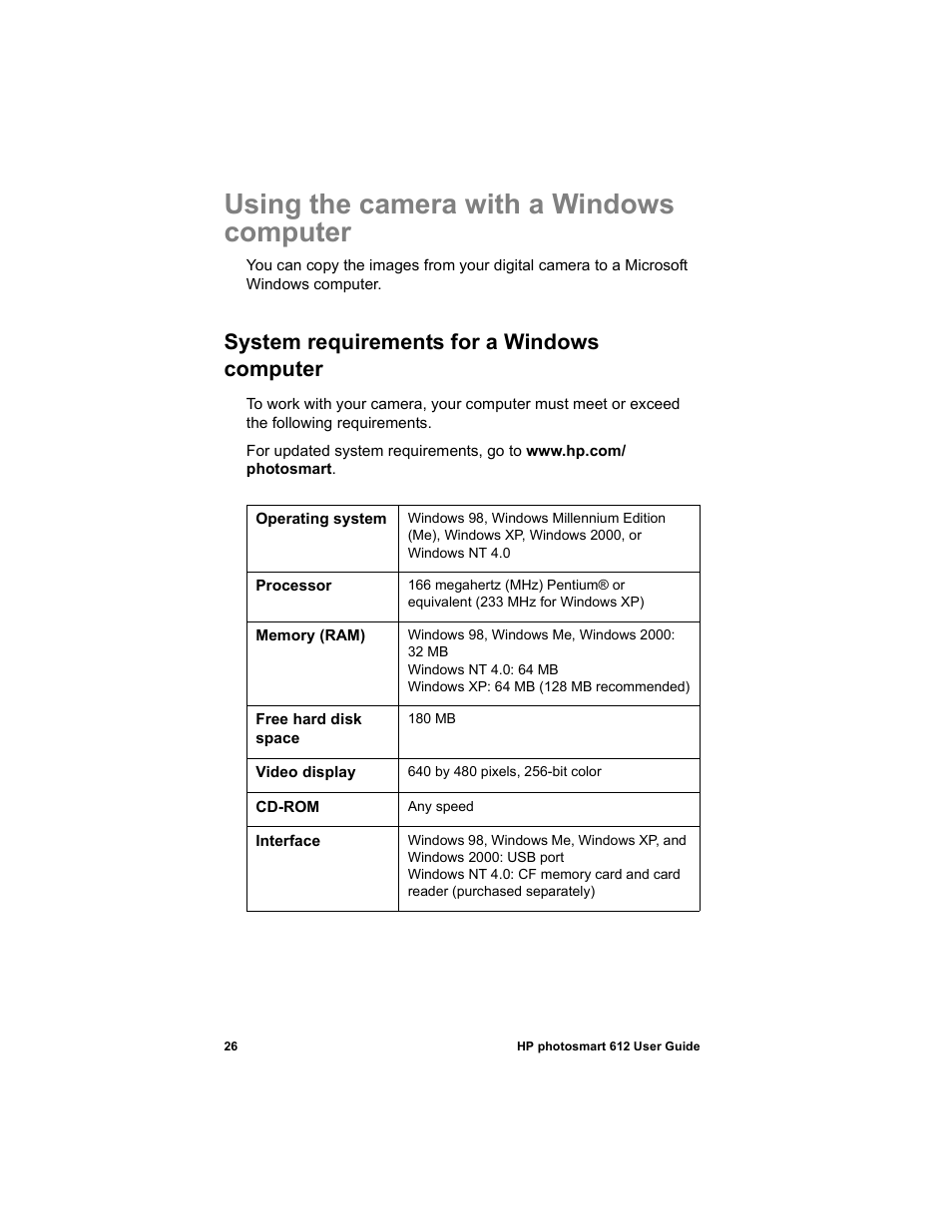 Using the camera with a windows computer, System requirements for a windows computer | HP 612 User Manual | Page 34 / 84