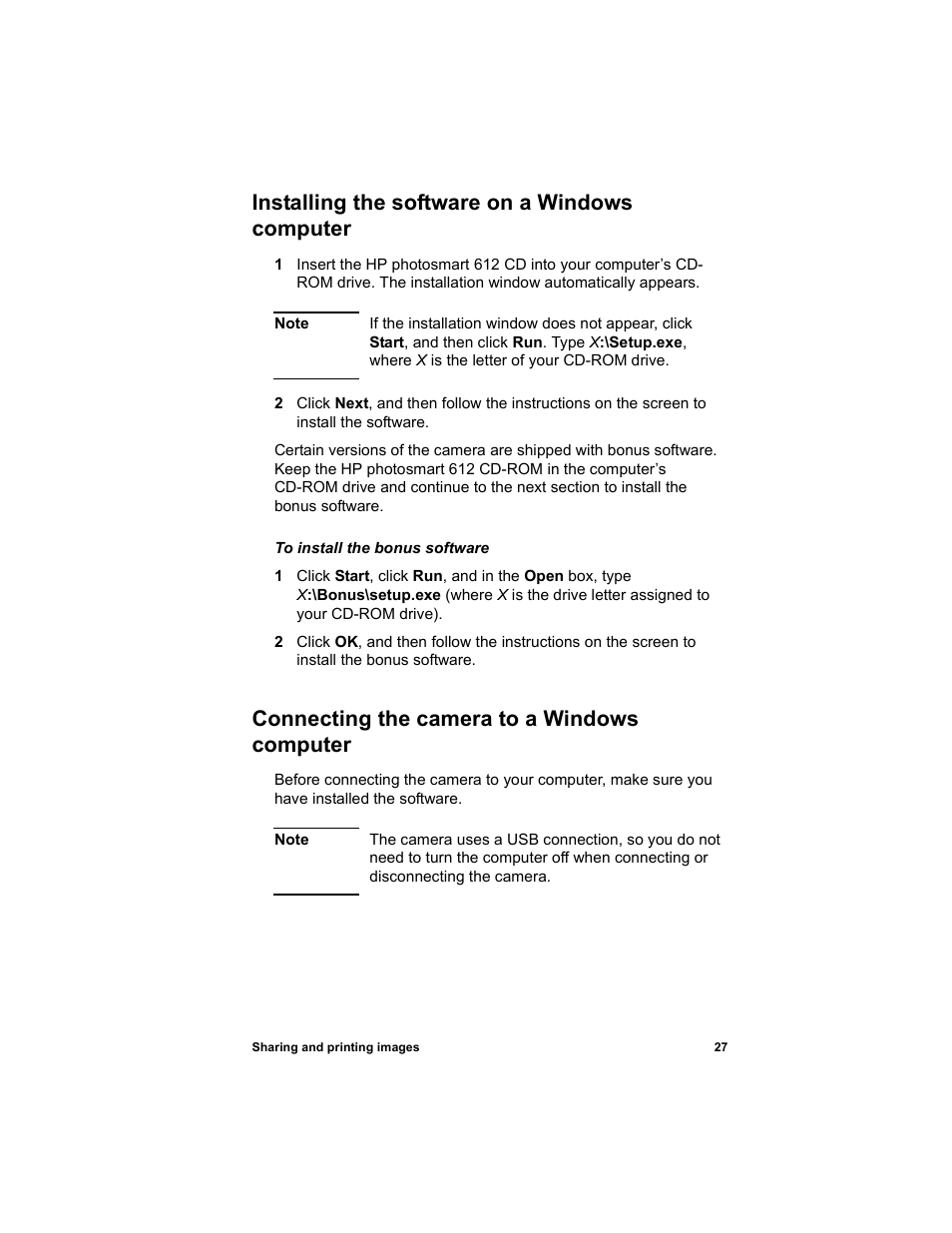 Installing the software on a windows computer, Connecting the camera to a windows computer | HP 612 User Manual | Page 35 / 84