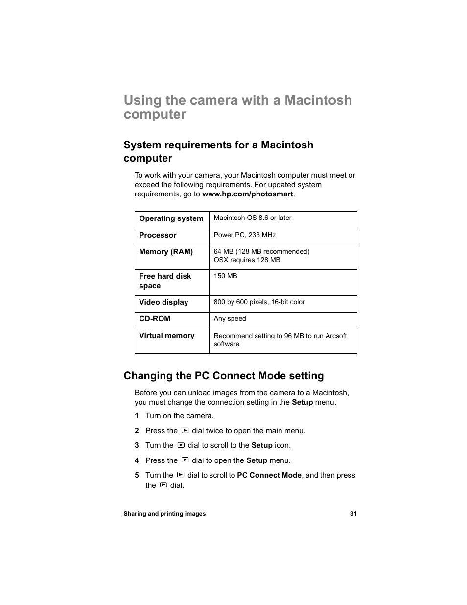 Using the camera with a macintosh computer, System requirements for a macintosh computer, Changing the pc connect mode setting | HP 612 User Manual | Page 39 / 84