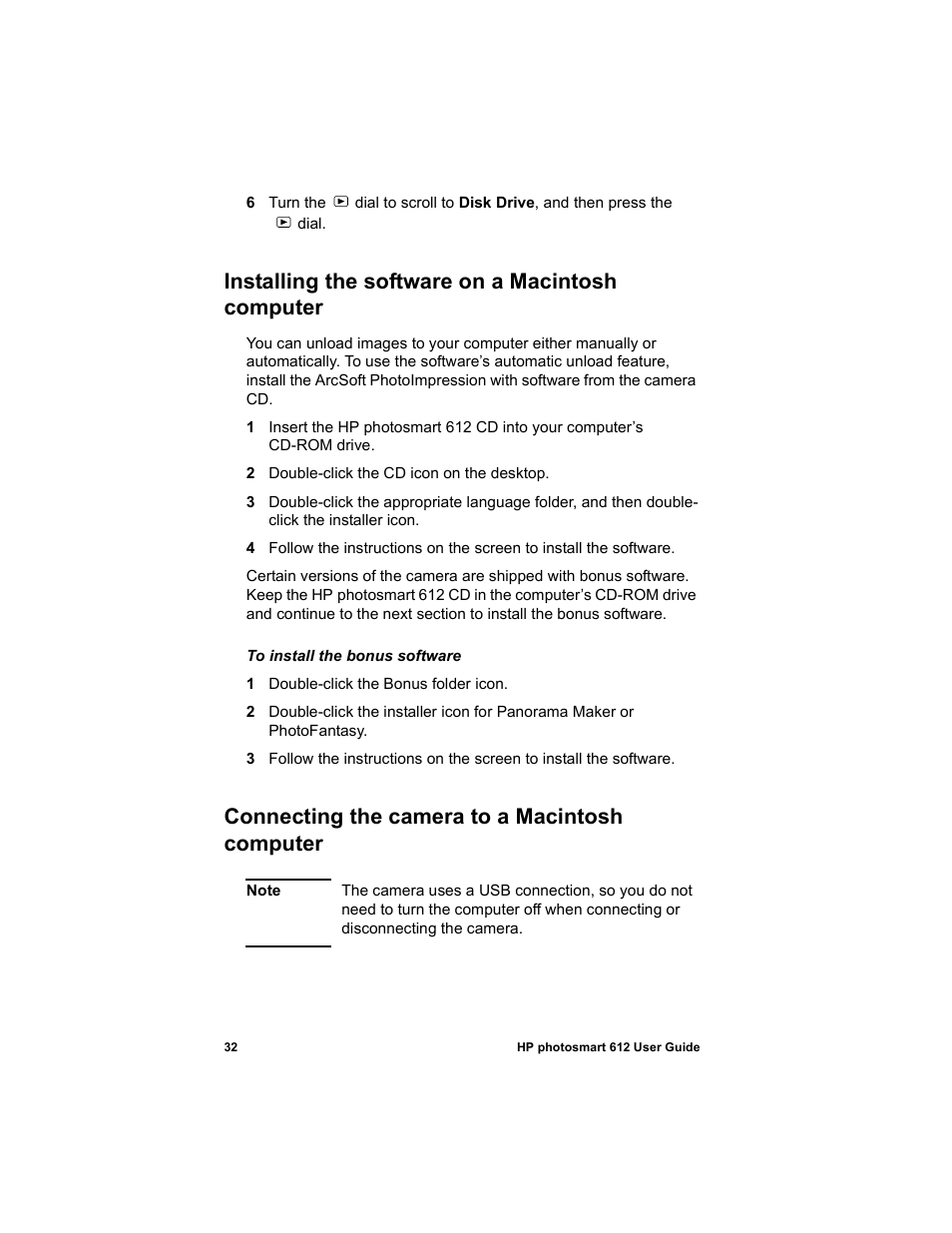 Installing the software on a macintosh computer, Connecting the camera to a macintosh computer | HP 612 User Manual | Page 40 / 84