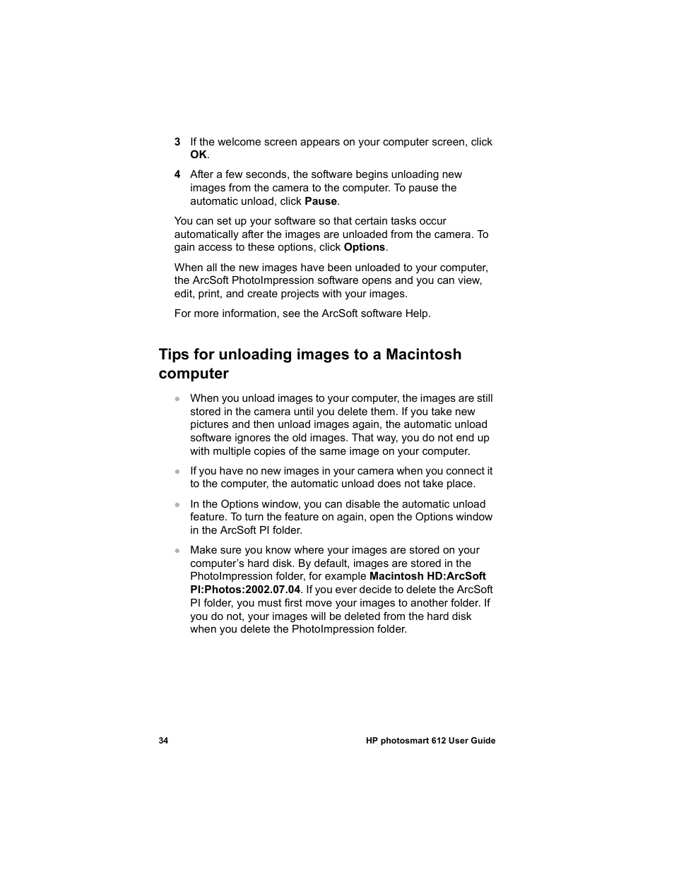 Tips for unloading images to a macintosh computer | HP 612 User Manual | Page 42 / 84