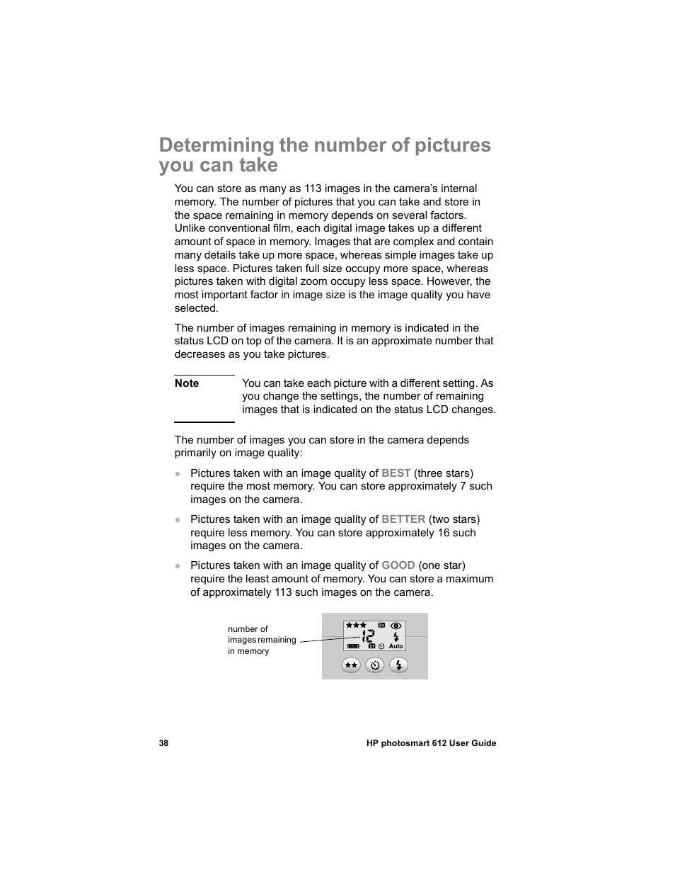Determining the number of pictures you can take | HP 612 User Manual | Page 46 / 84