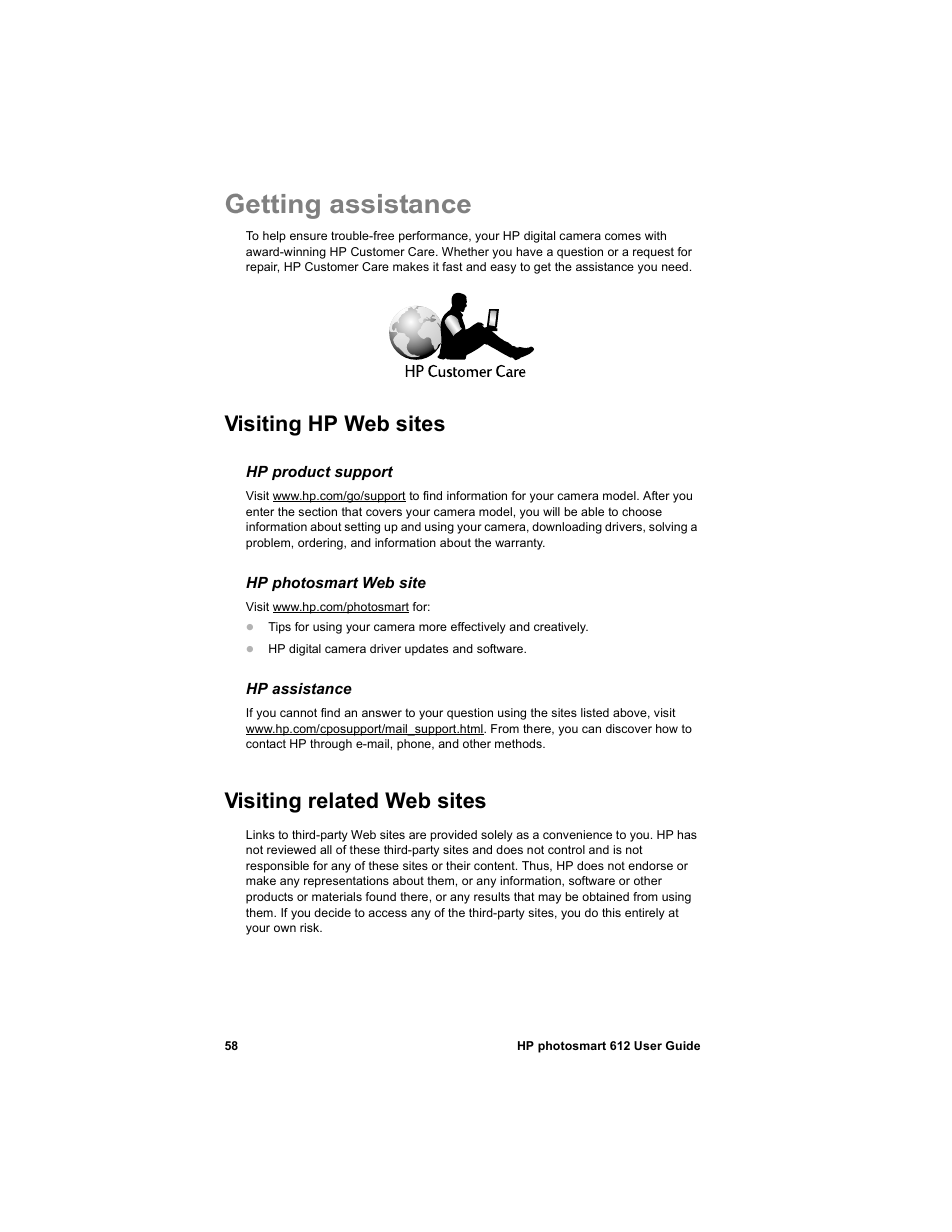 Getting assistance, Visiting hp web sites, Visiting related web sites | HP 612 User Manual | Page 66 / 84