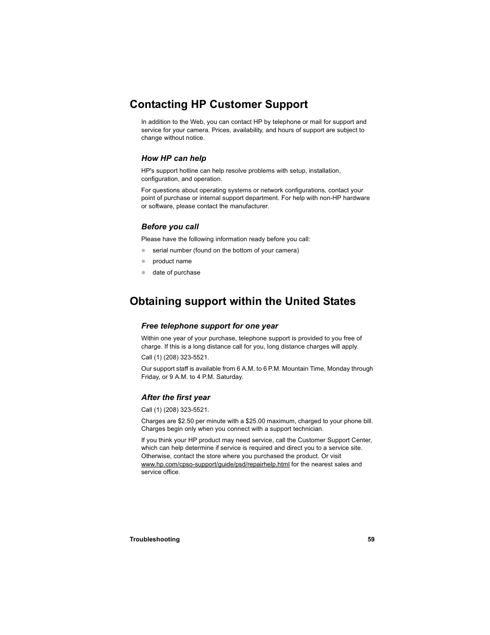 Contacting hp customer support, Obtaining support within the united states | HP 612 User Manual | Page 67 / 84