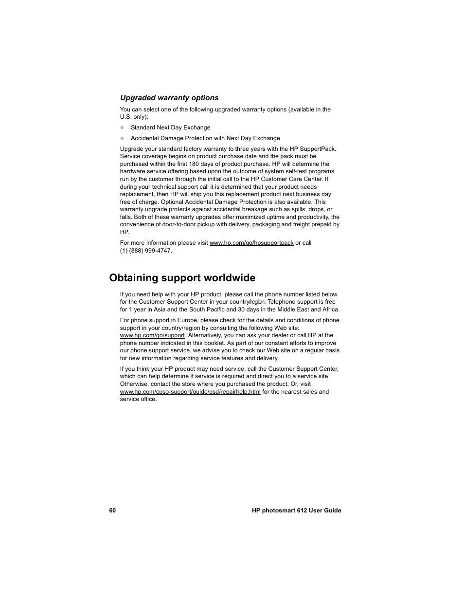 Obtaining support worldwide | HP 612 User Manual | Page 68 / 84