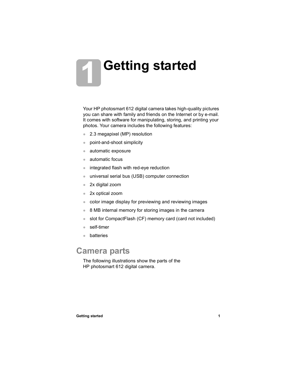 Getting started, Camera parts | HP 612 User Manual | Page 9 / 84