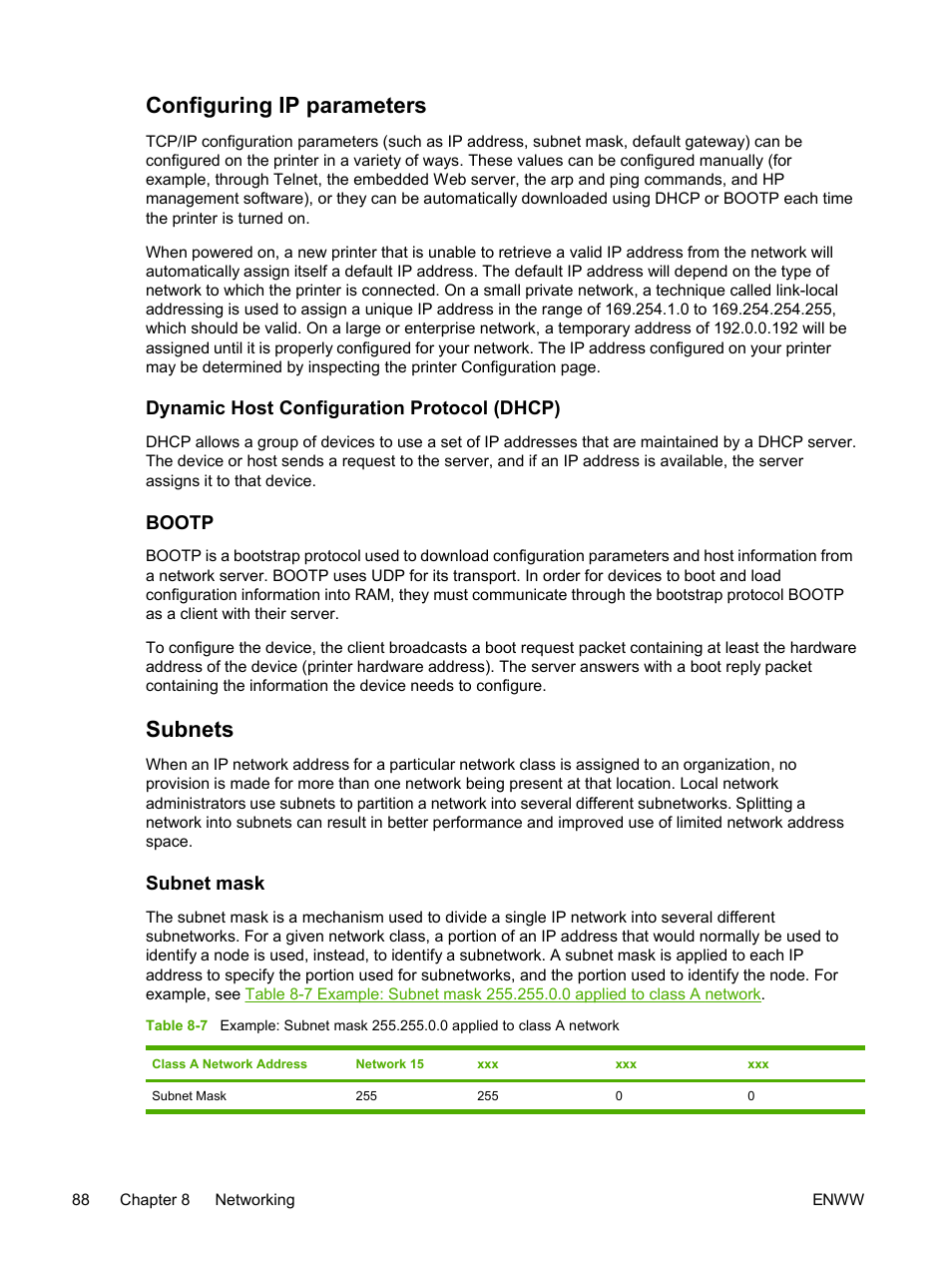 Configuring ip parameters, Dynamic host configuration protocol (dhcp), Bootp | Subnets, Subnet mask, Dynamic host configuration protocol (dhcp) bootp | HP 2605dtn User Manual | Page 100 / 228