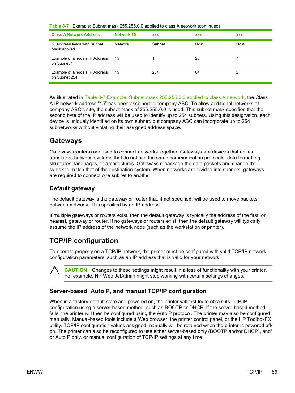 Gateways, Default gateway, Tcp/ip configuration | HP 2605dtn User Manual | Page 101 / 228