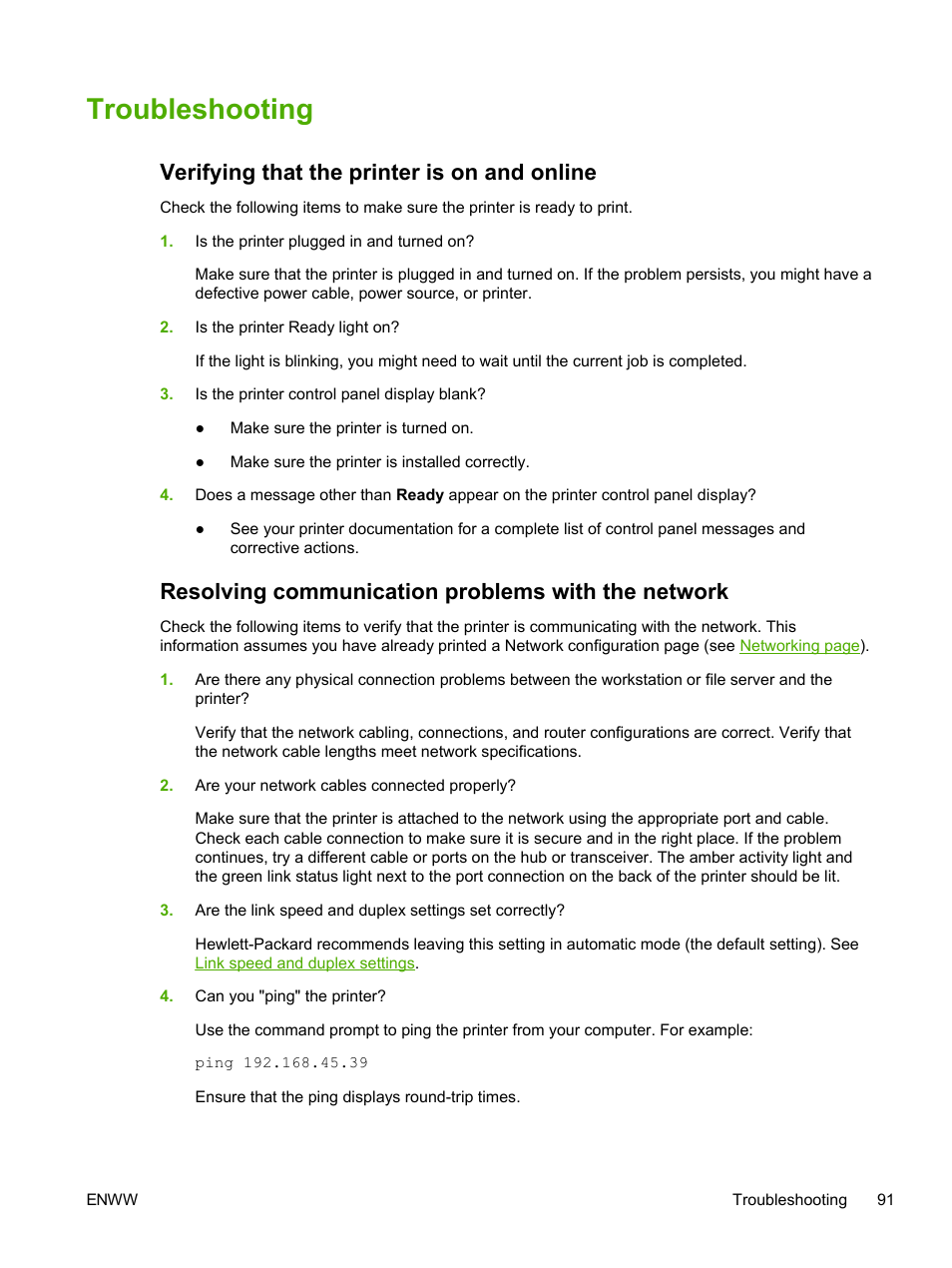 Troubleshooting, Verifying that the printer is on and online, Resolving communication problems with the network | HP 2605dtn User Manual | Page 103 / 228