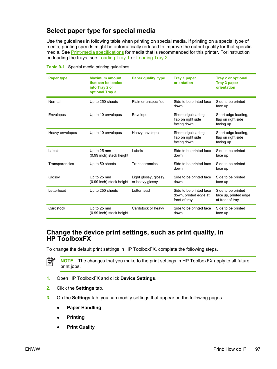 Select paper type for special media | HP 2605dtn User Manual | Page 109 / 228