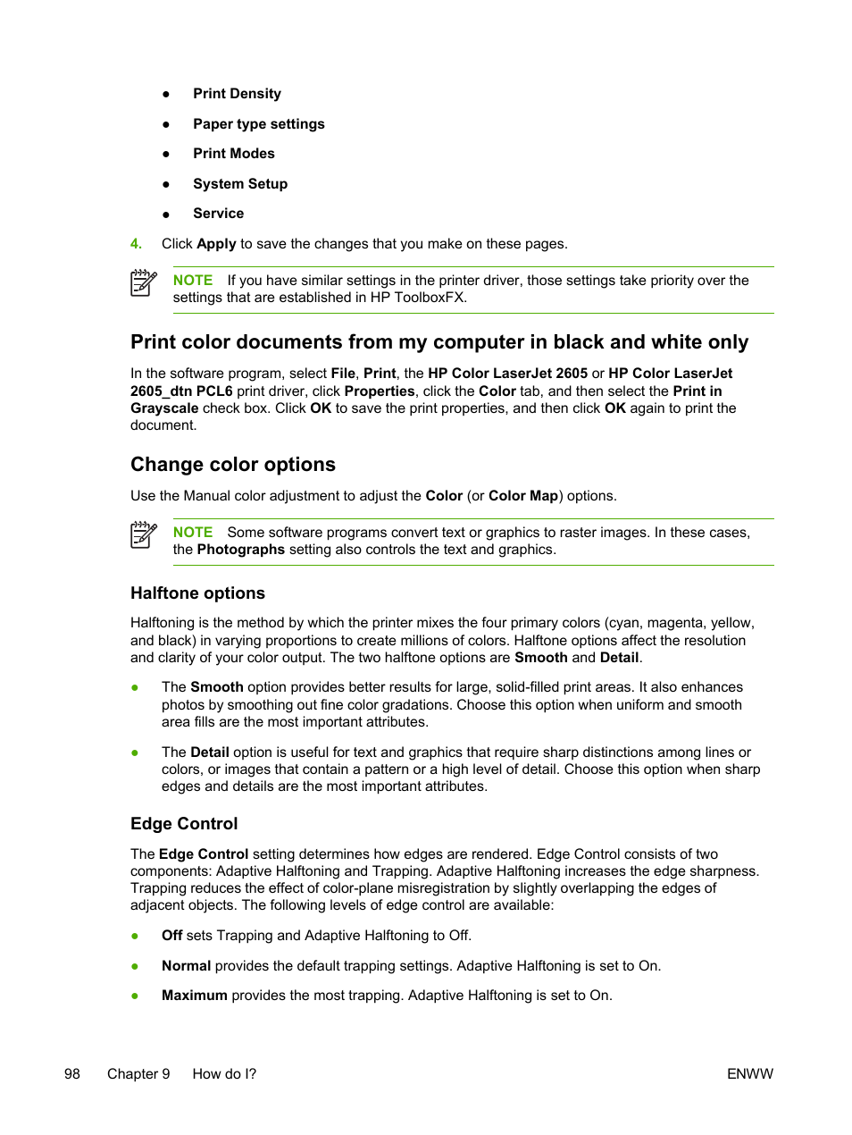 Change color options, Halftone options, Edge control | Halftone options edge control | HP 2605dtn User Manual | Page 110 / 228