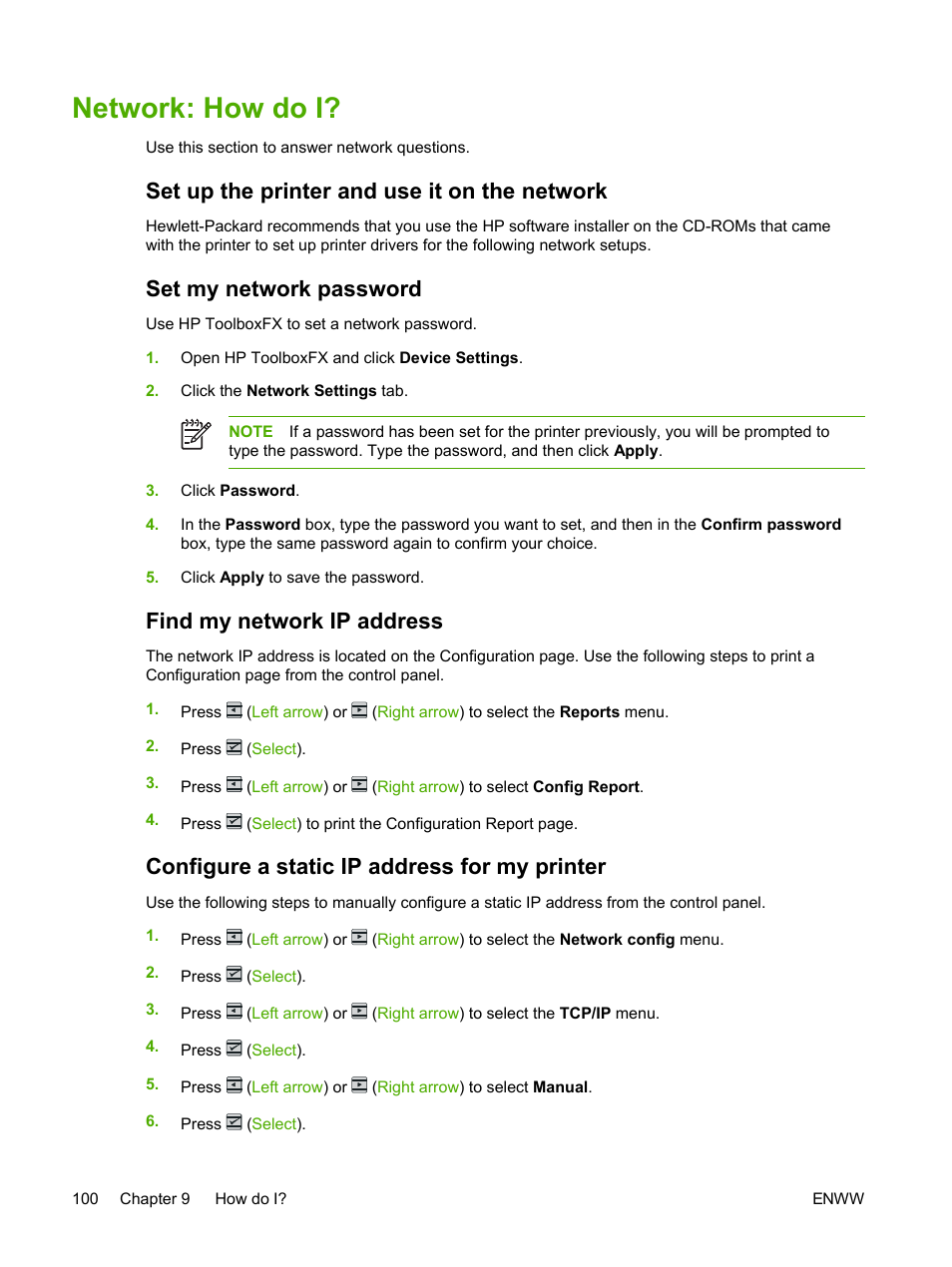 Network: how do i, Set up the printer and use it on the network, Set my network password | Find my network ip address, Configure a static ip address for my printer | HP 2605dtn User Manual | Page 112 / 228