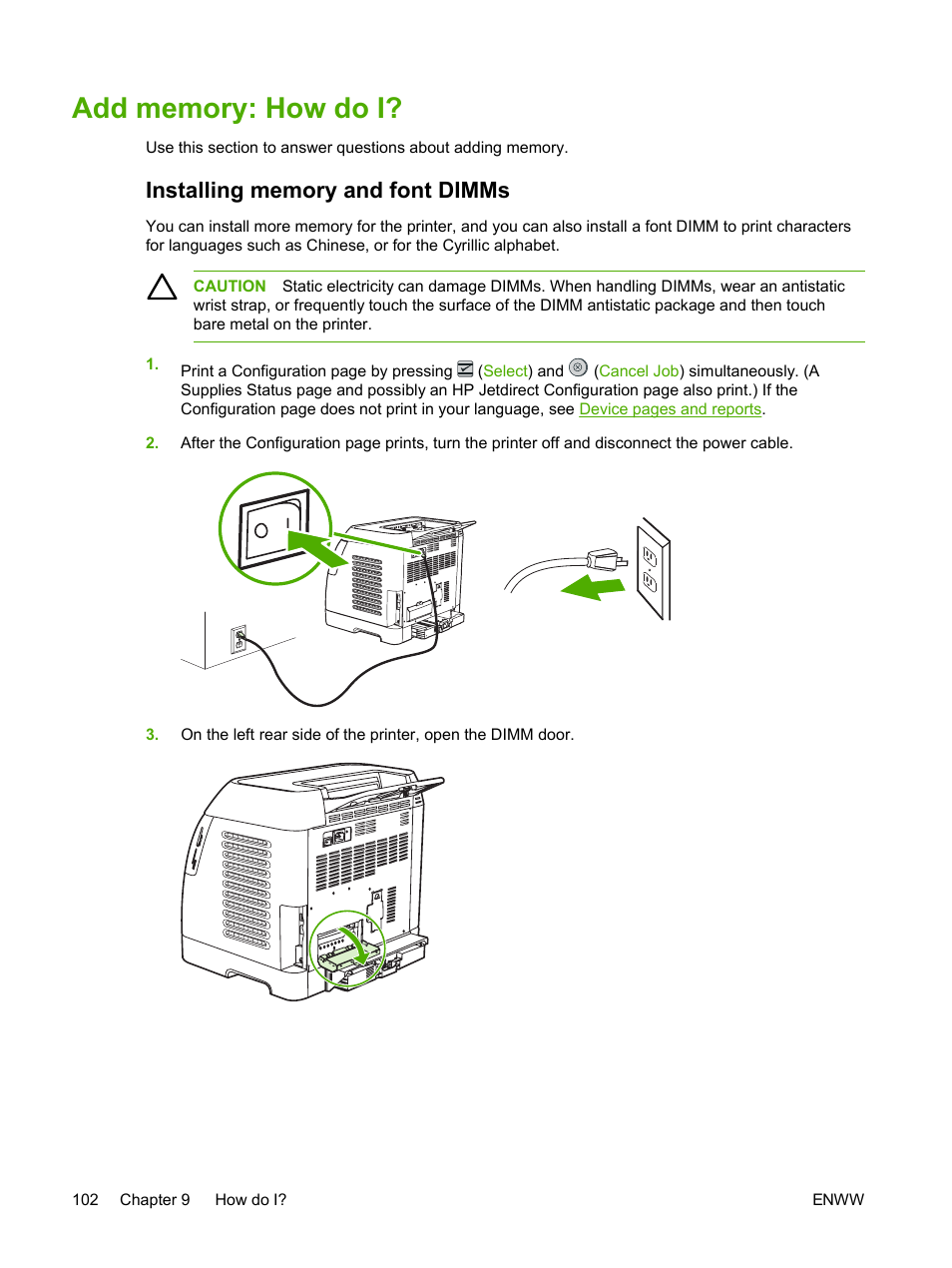 Add memory: how do i, Installing memory and font dimms | HP 2605dtn User Manual | Page 114 / 228