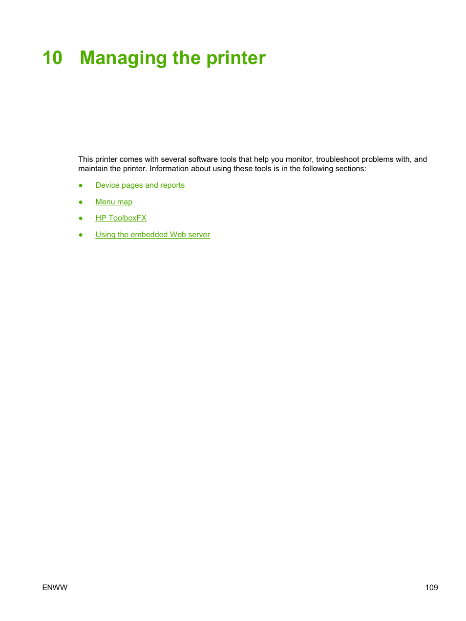 Managing the printer, 10 managing the printer | HP 2605dtn User Manual | Page 121 / 228