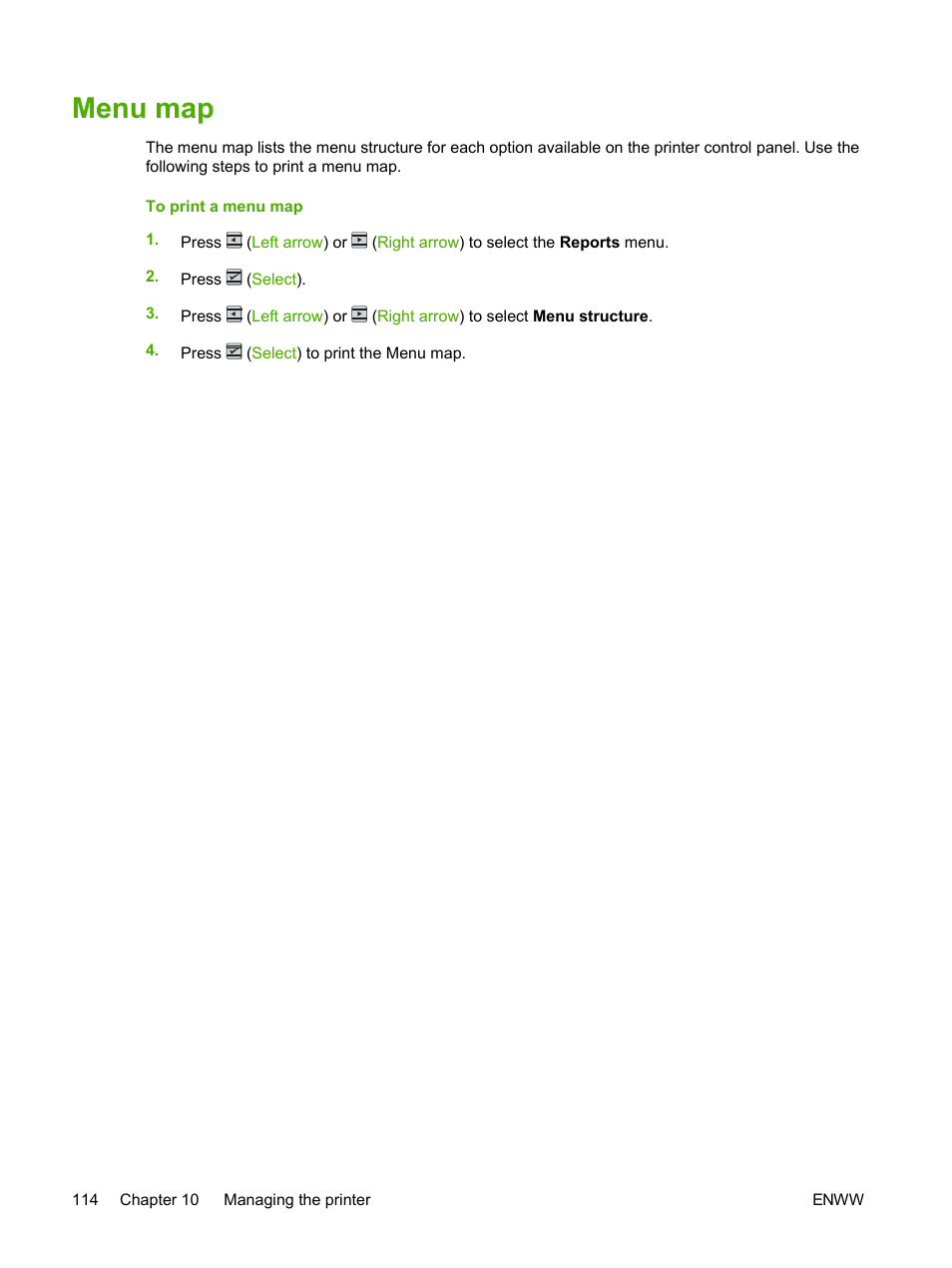Menu map | HP 2605dtn User Manual | Page 126 / 228