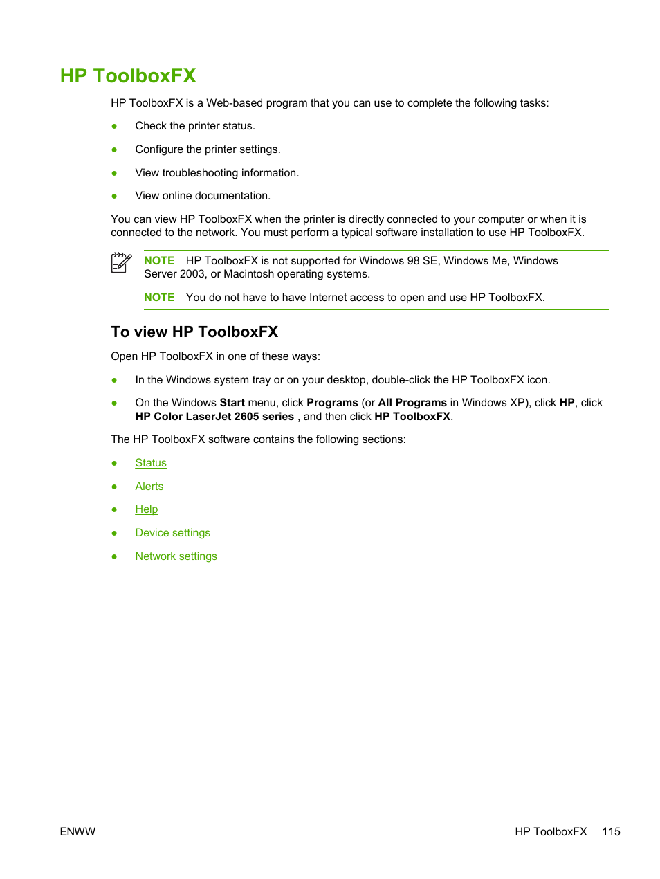 Hp toolboxfx, To view hp toolboxfx | HP 2605dtn User Manual | Page 127 / 228