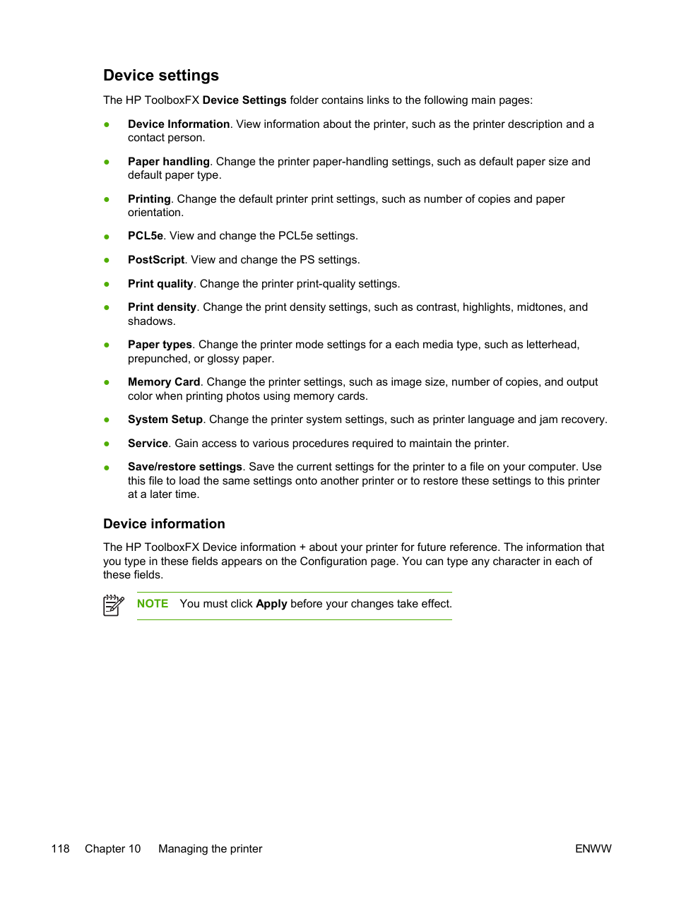 Device settings, Device information | HP 2605dtn User Manual | Page 130 / 228