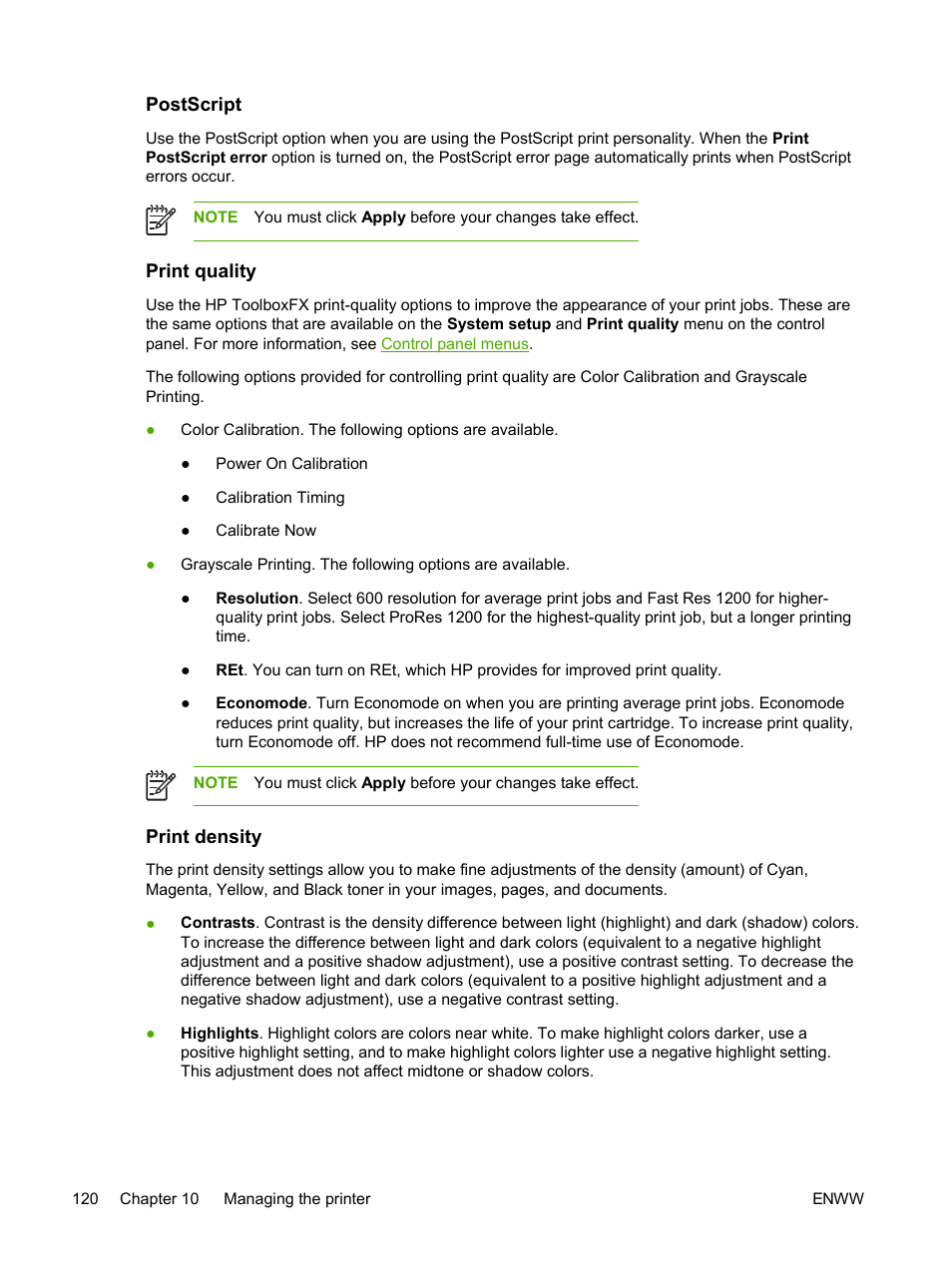 Postscript, Print quality, Print density | Postscript print quality print density | HP 2605dtn User Manual | Page 132 / 228