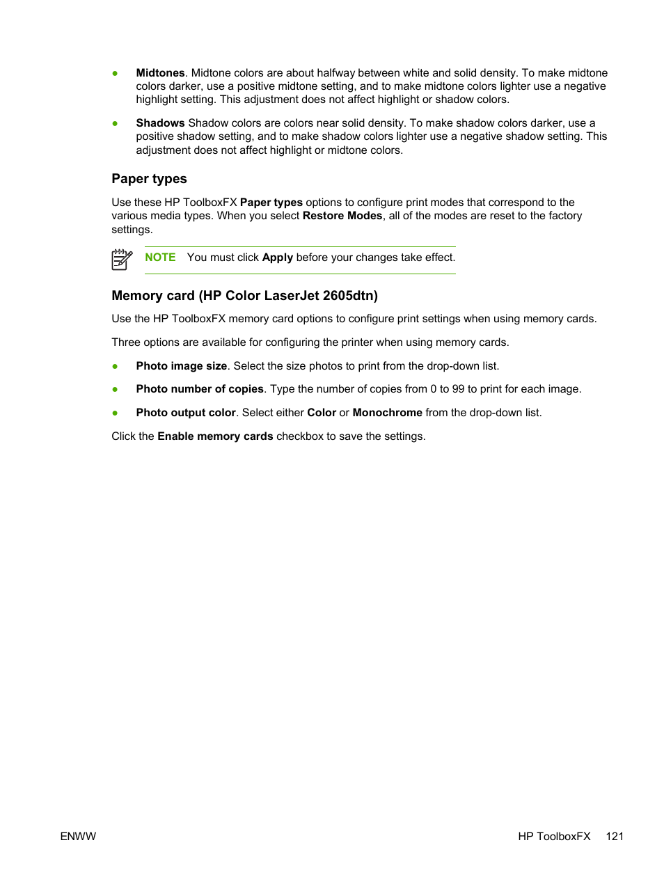 Paper types, Memory card (hp color laserjet 2605dtn) | HP 2605dtn User Manual | Page 133 / 228