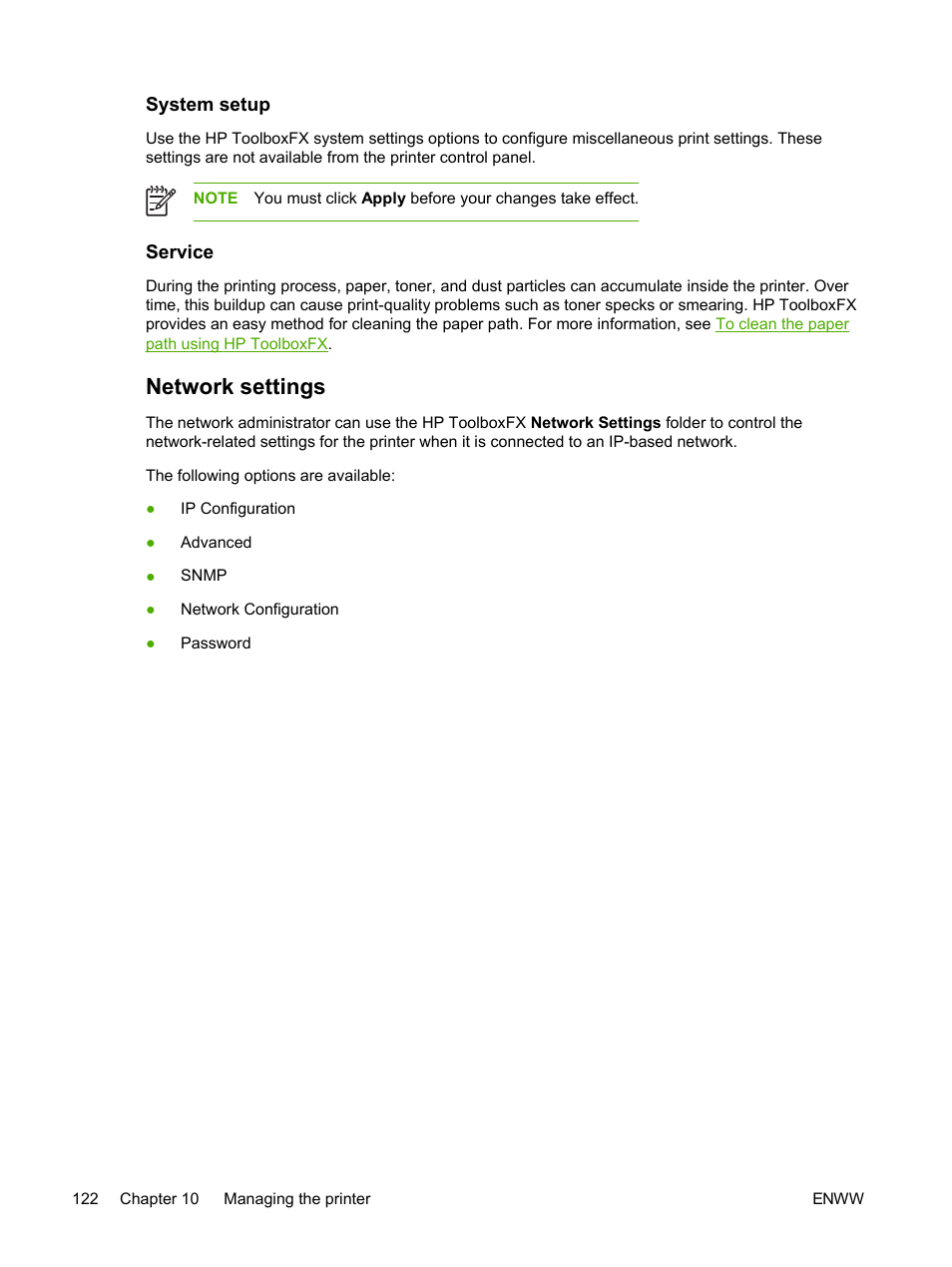 System setup, Service, Network settings | System setup service | HP 2605dtn User Manual | Page 134 / 228