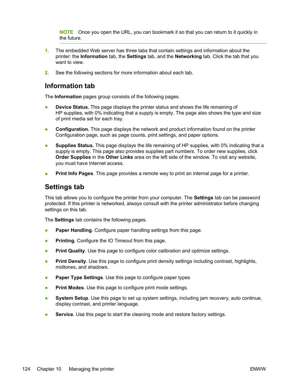 Information tab, Settings tab, Information tab settings tab | HP 2605dtn User Manual | Page 136 / 228