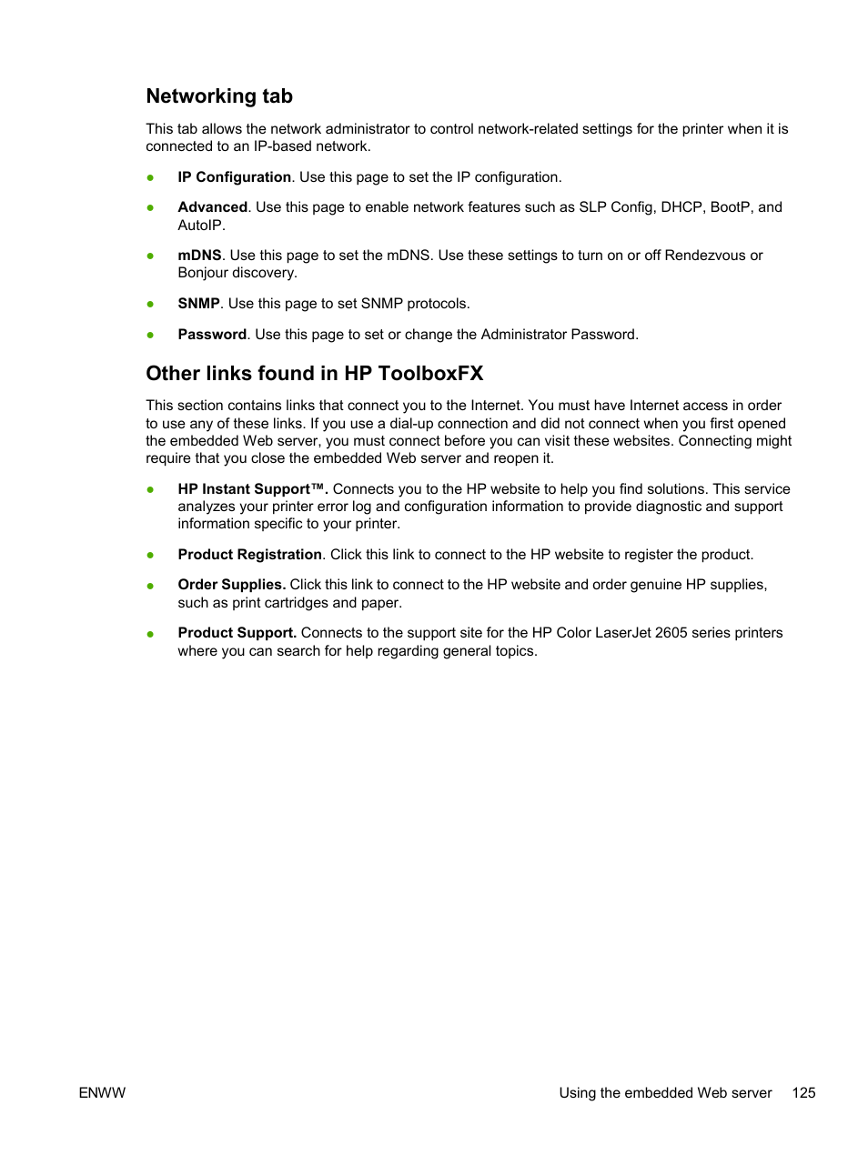 Networking tab, Other links found in hp toolboxfx, Networking tab other links found in hp toolboxfx | HP 2605dtn User Manual | Page 137 / 228