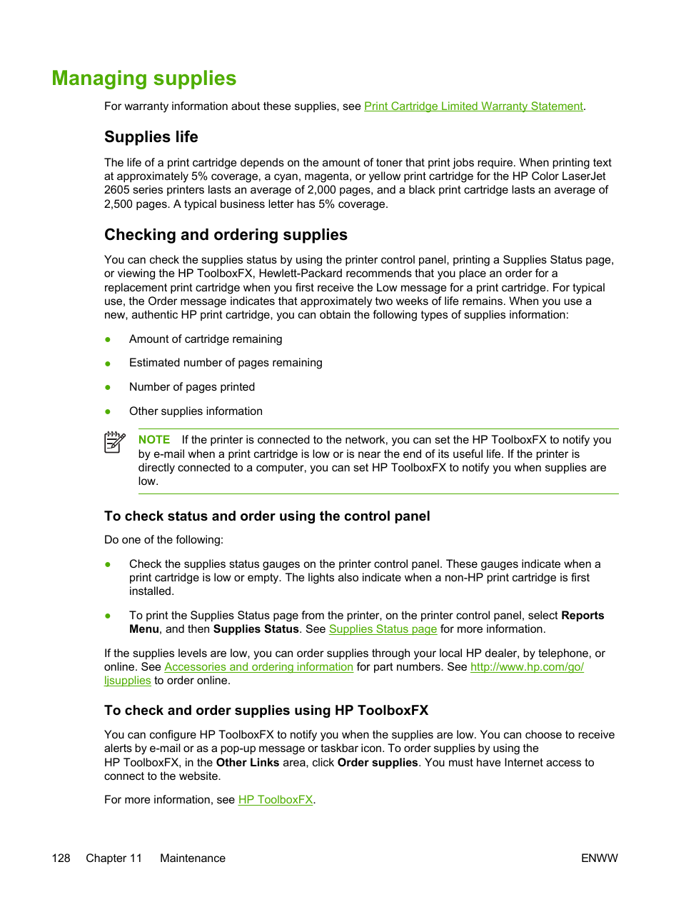 Managing supplies, Supplies life, Checking and ordering supplies | To check status and order using the control panel, To check and order supplies using hp toolboxfx, Supplies life checking and ordering supplies | HP 2605dtn User Manual | Page 140 / 228
